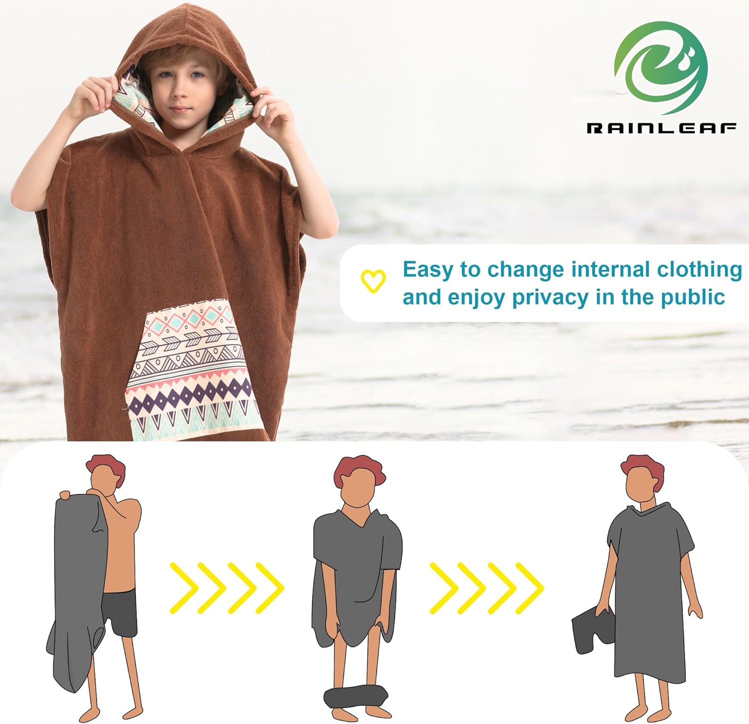 Rainleaf Poncho de surf para niños, toalla cambiadora de secado rápido, toalla de playa con capucha y bolsillo frontal, toalla de microfibra cálida