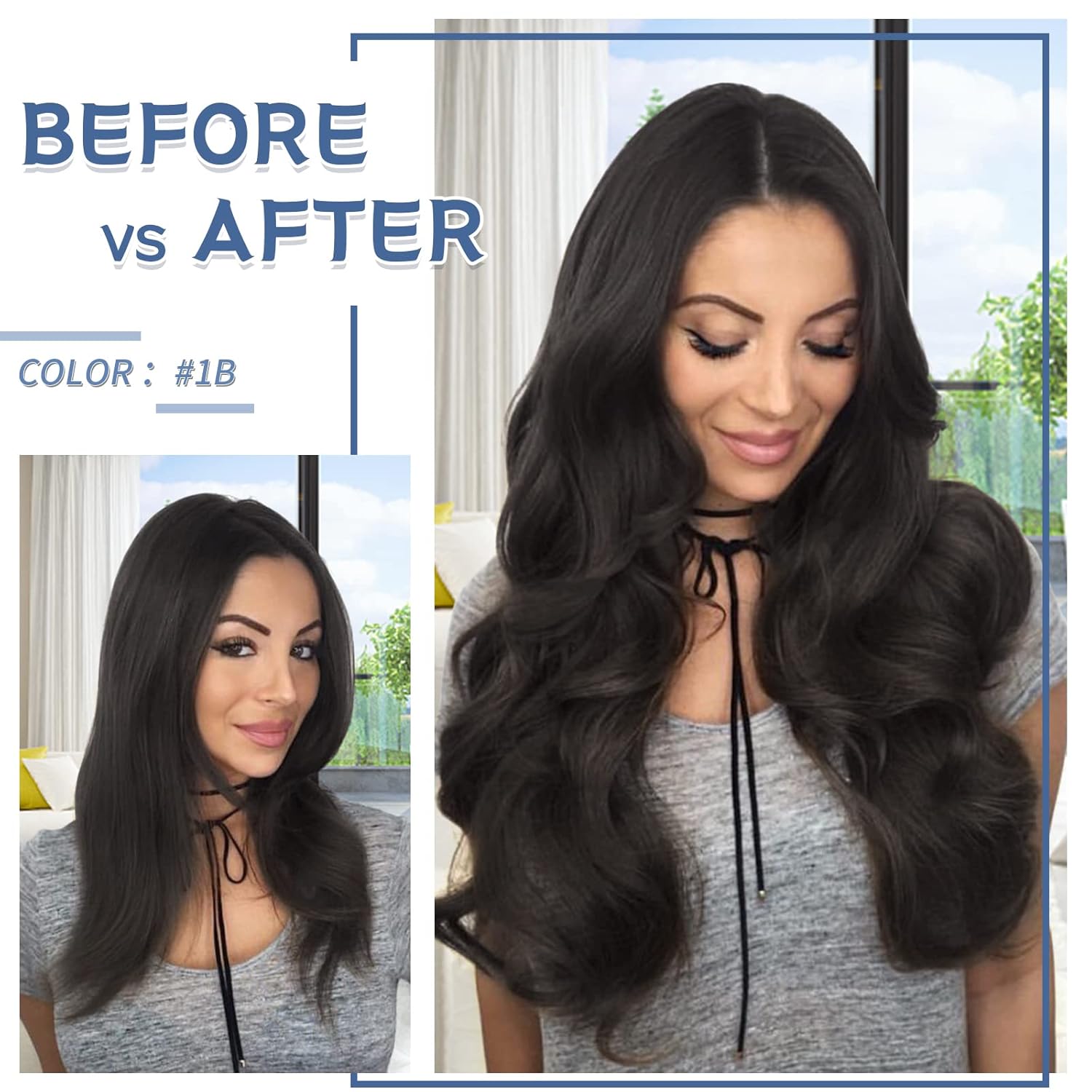 S-noilite – Extensiones de cabello humano real con clip, color negro natural #1B, doble trama, 16 pulgadas, balayage, lacio, 7 unidades, 4.23 oz