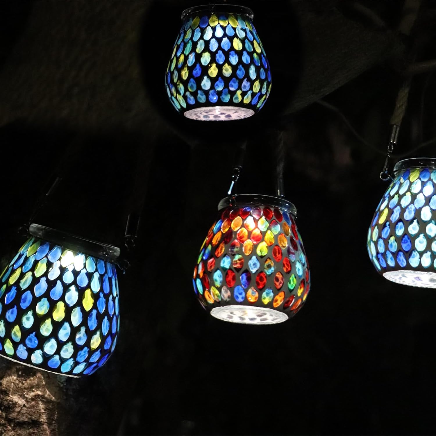 Luces solares para exteriores con tarro de vidrio de mosaico de varios colores, faroles de energía solar, luces colgantes de noche, lámparas LED de