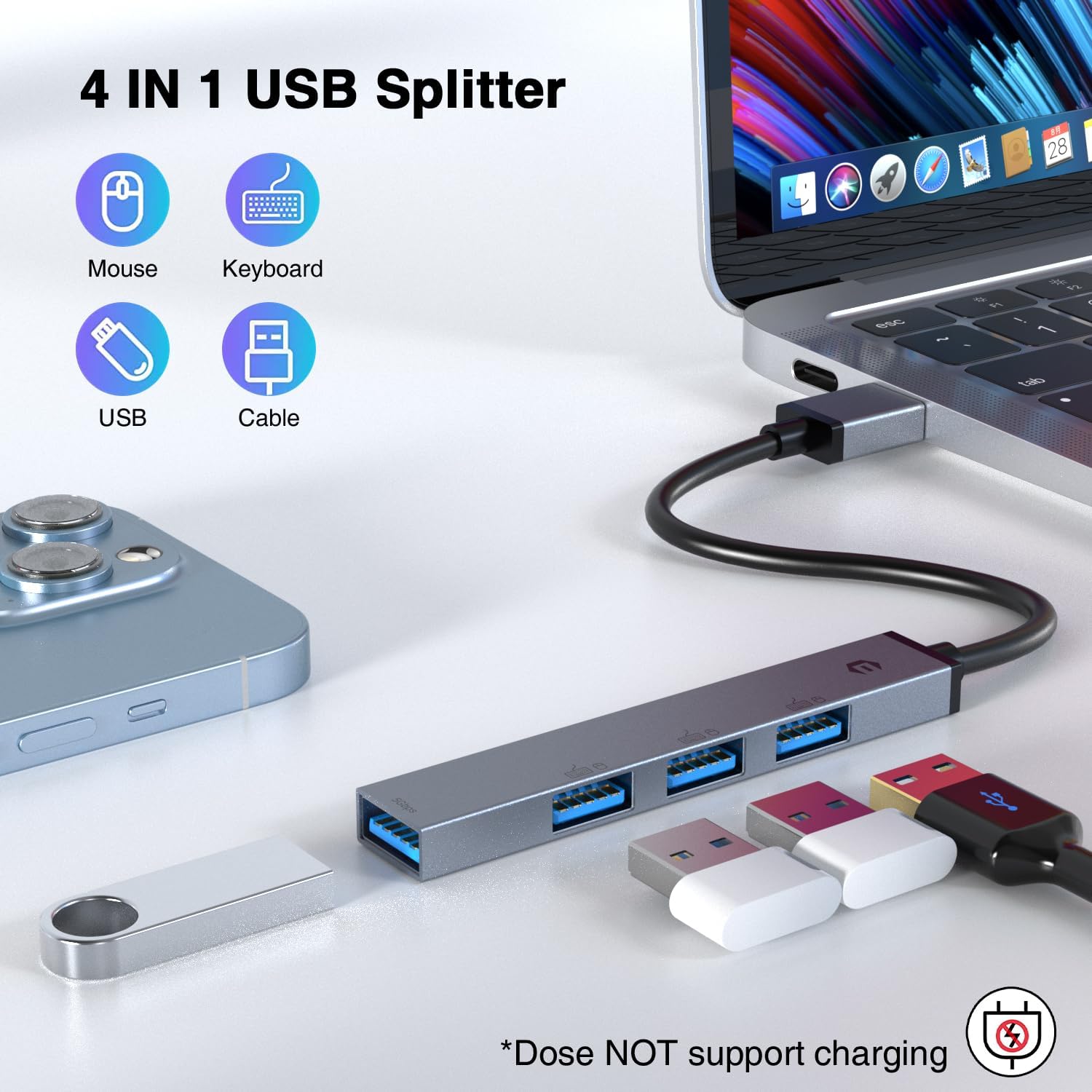 TOTU Concentrador USB, 4 puertos USB 3.0, concentrador USB para portátil, divisor multiUSB ultrafino para patio, fiesta, jardín, césped y otras
