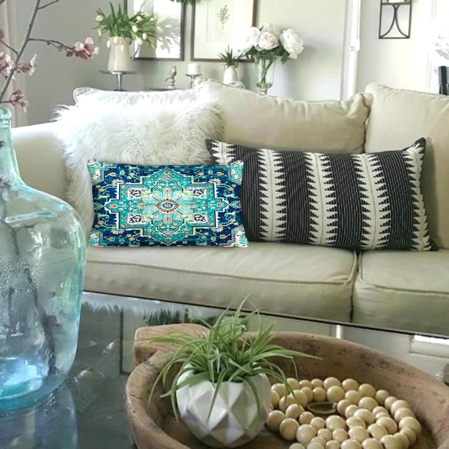 Juego de 2 fundas de almohada de estilo bohemio, diseño étnico, de lino, persa, patrón tribal, funda de cojín decorativa cuadrada para el hogar y la