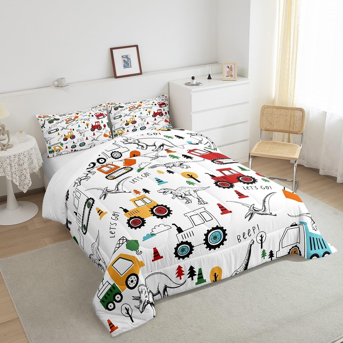 Feelyou Juego de ropa de cama de construcción, tamaño individual, juego de edredón de dinosaurio de la selva, equipo de camiones, juego de edredón