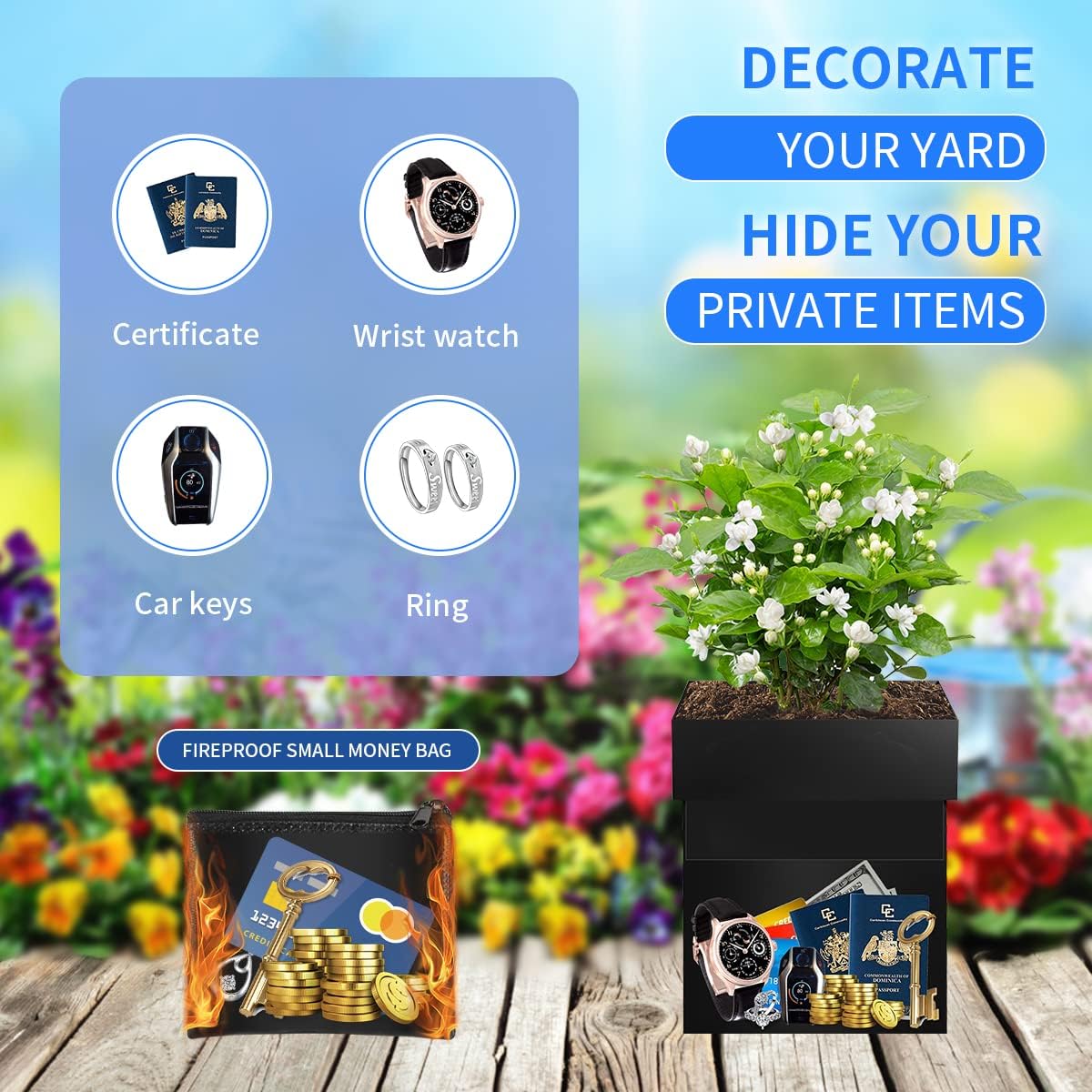 Sdstone Caja fuerte de distracción para macetas, con bolsa de dinero ignífuga y cerradura, caja de seguridad secreta, soporte para el hogar, para