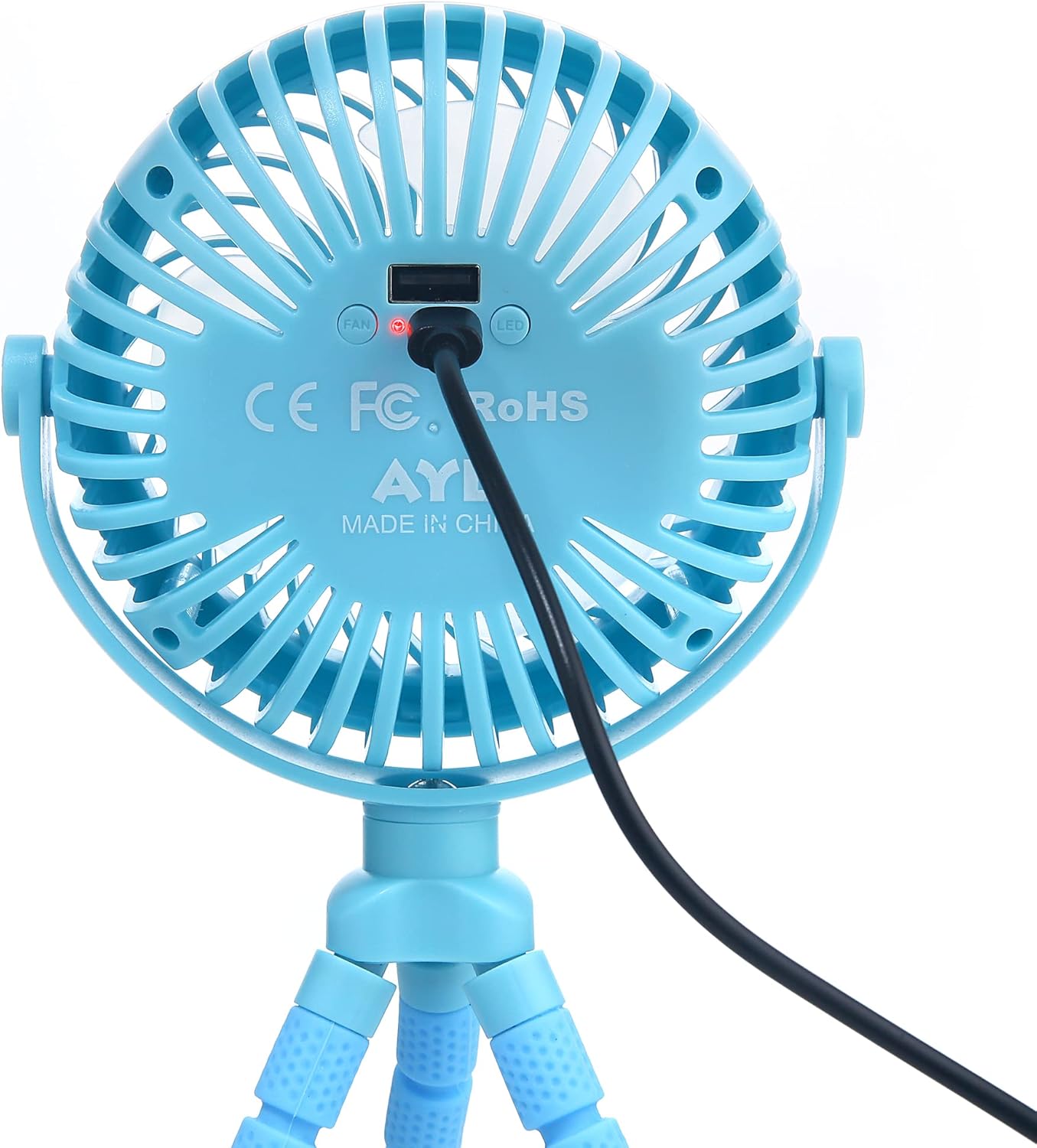 AYL Ventilador portátil que funciona con pilas, ventilador pequeño para cochecito con luces, recargable por USB, rotación de 360, trípode flexible