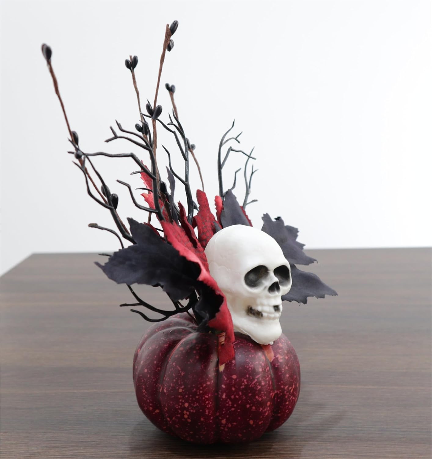 Adorno de calabaza artificial de Halloween, centros de mesa de hoja de arce y calavera de otoño de 9 pulgadas para arreglo floral de Halloween,