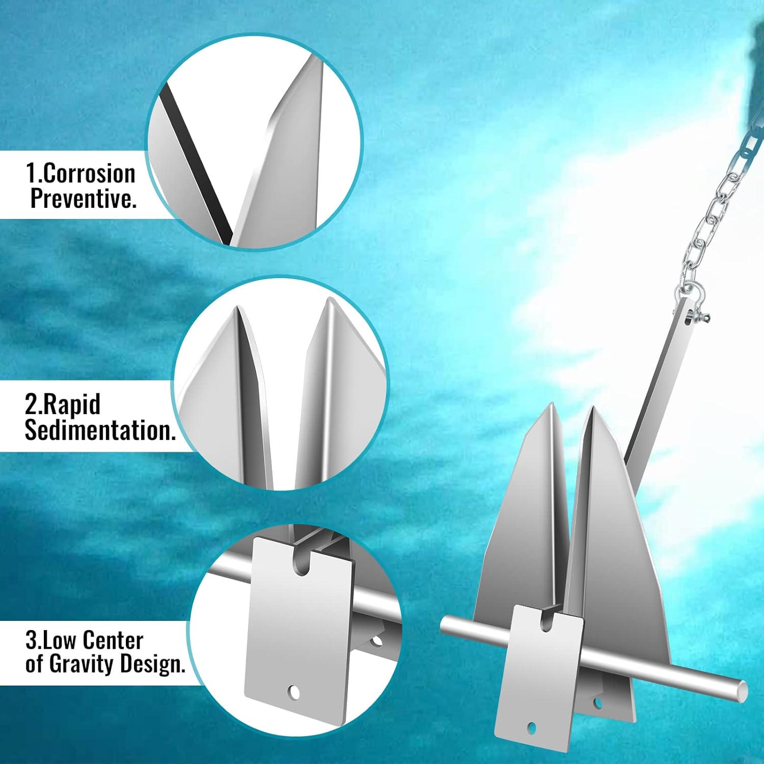 Kit de anclaje para barco, anclaje estilo Fluke, anclaje de acero galvanizado en caliente Fluke incluye ancla, cadena, cuerda, grilletes para amarre