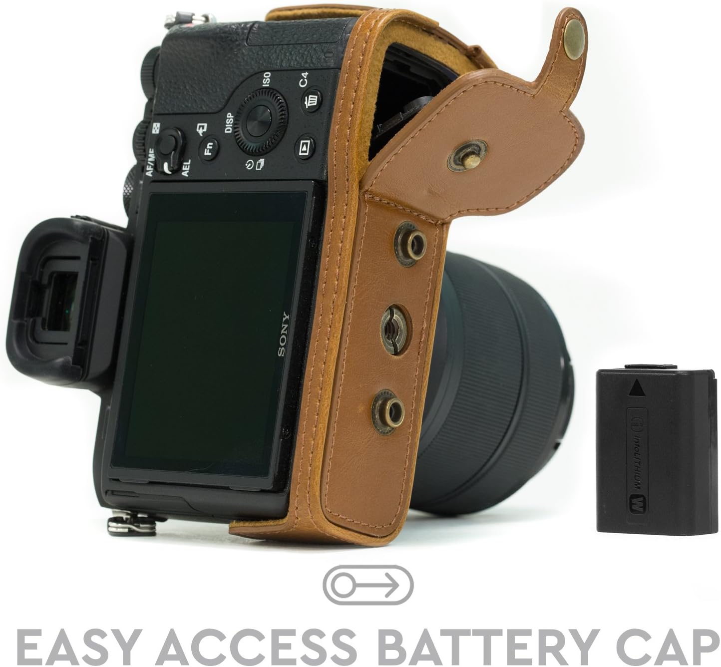 MegaGear Sony Alpha A7S II, A7R II, A7 II (1.102-2.756 in) Ever Ready – Funda de piel para cámara y correa con acceso a la batería, color marrón
