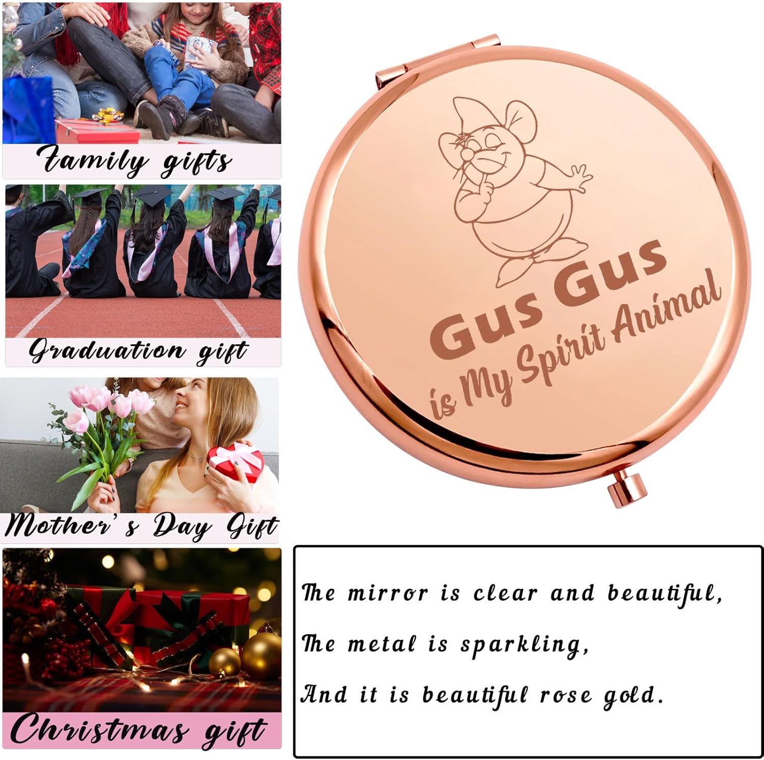 AKTAP Gus Gus The Mouse – Espejo de bolsillo para regalo de cuento de hadas inspirado en la historia de Gus Gus es mi espíritu, espejo de maquillaje