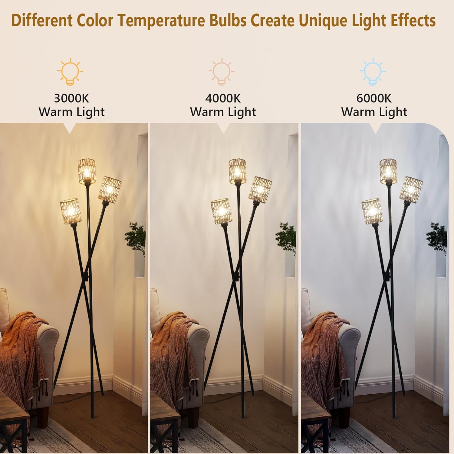 Lámpara de pie de trípode de ratán, lámparas de pie estilo bohemio para sala de estar con interruptor de pie de encendidoapagado, lámpara de pie