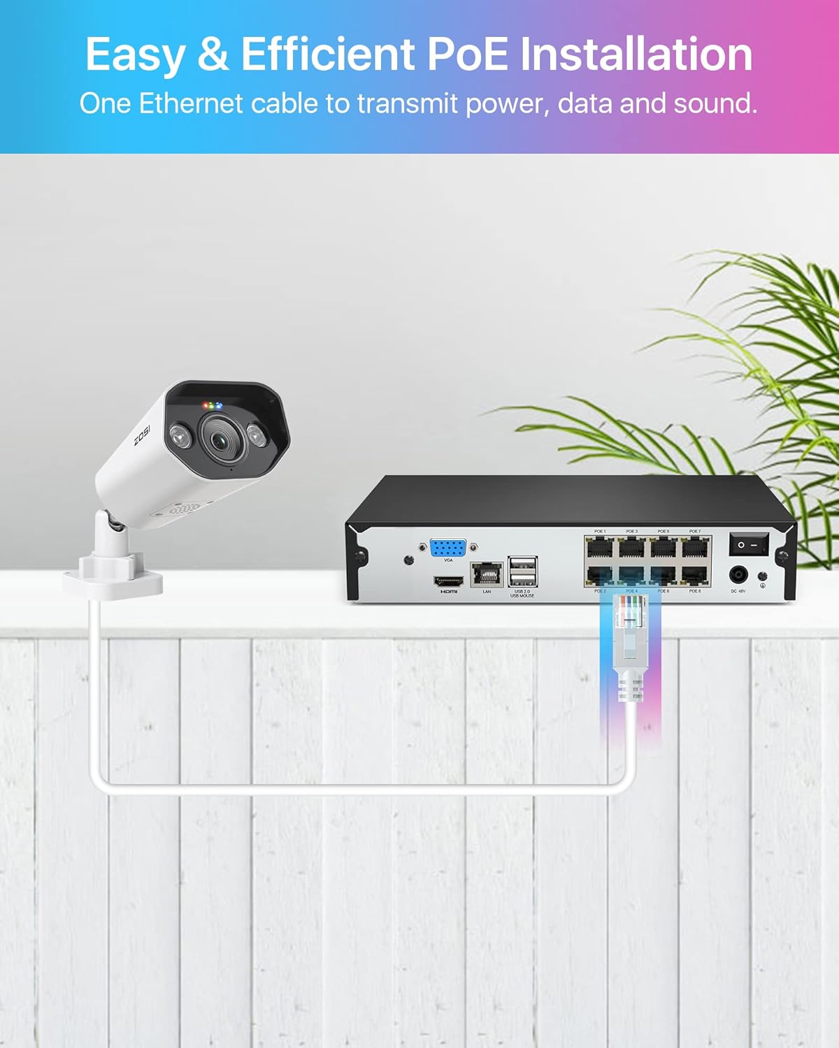 ZOSI ZG2615P Cámara IP PoE de 5MP con visión nocturna y cable Ethernet RJ45 de 100 pies, solo funciona PoE NVR (Modelo ZR16DK, ZR08EN, ZR08DN,