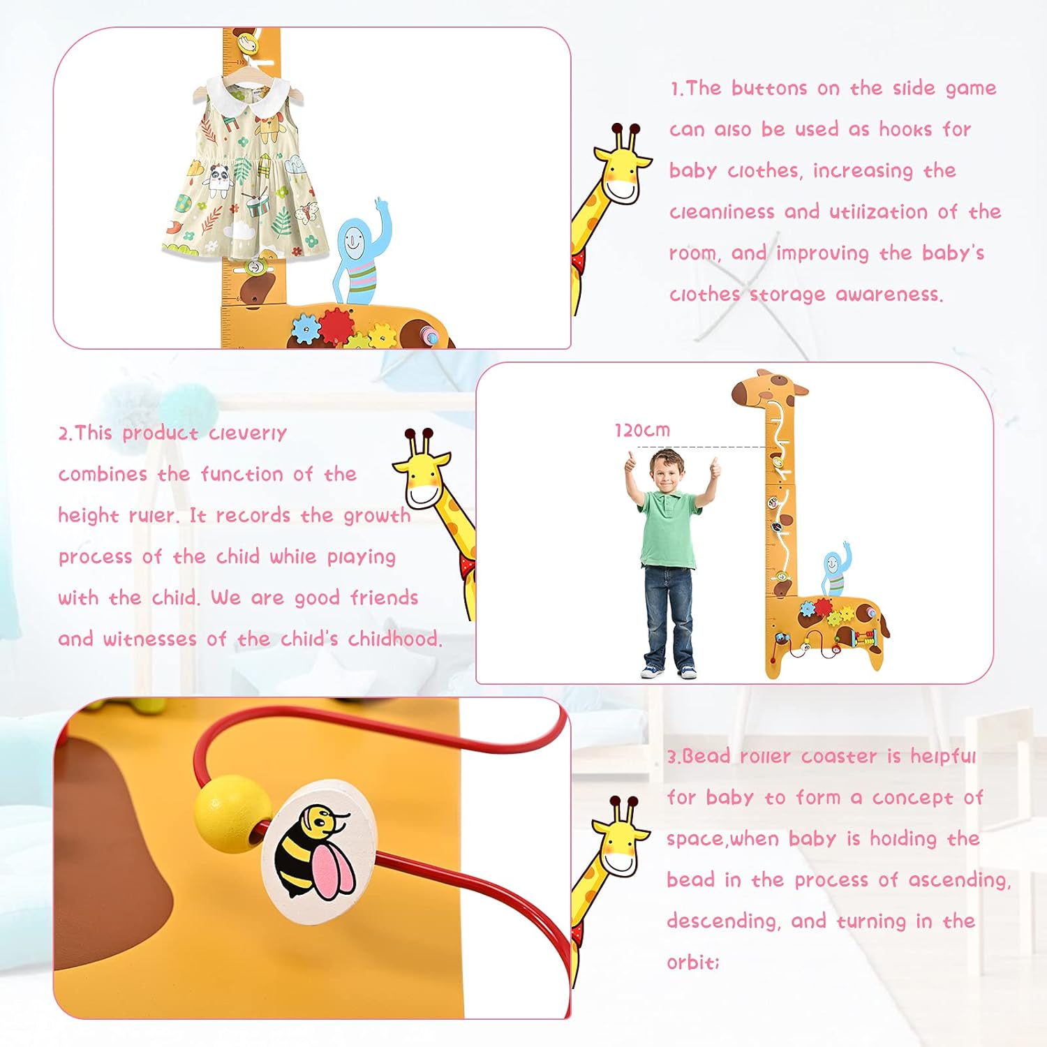 Activity Wall Panel Busy Board 7 in 1 Multifunctional Giraffe Wooden Height Ruler, Childrens Early Education Hand-Eye Eombination Sensory Exercises