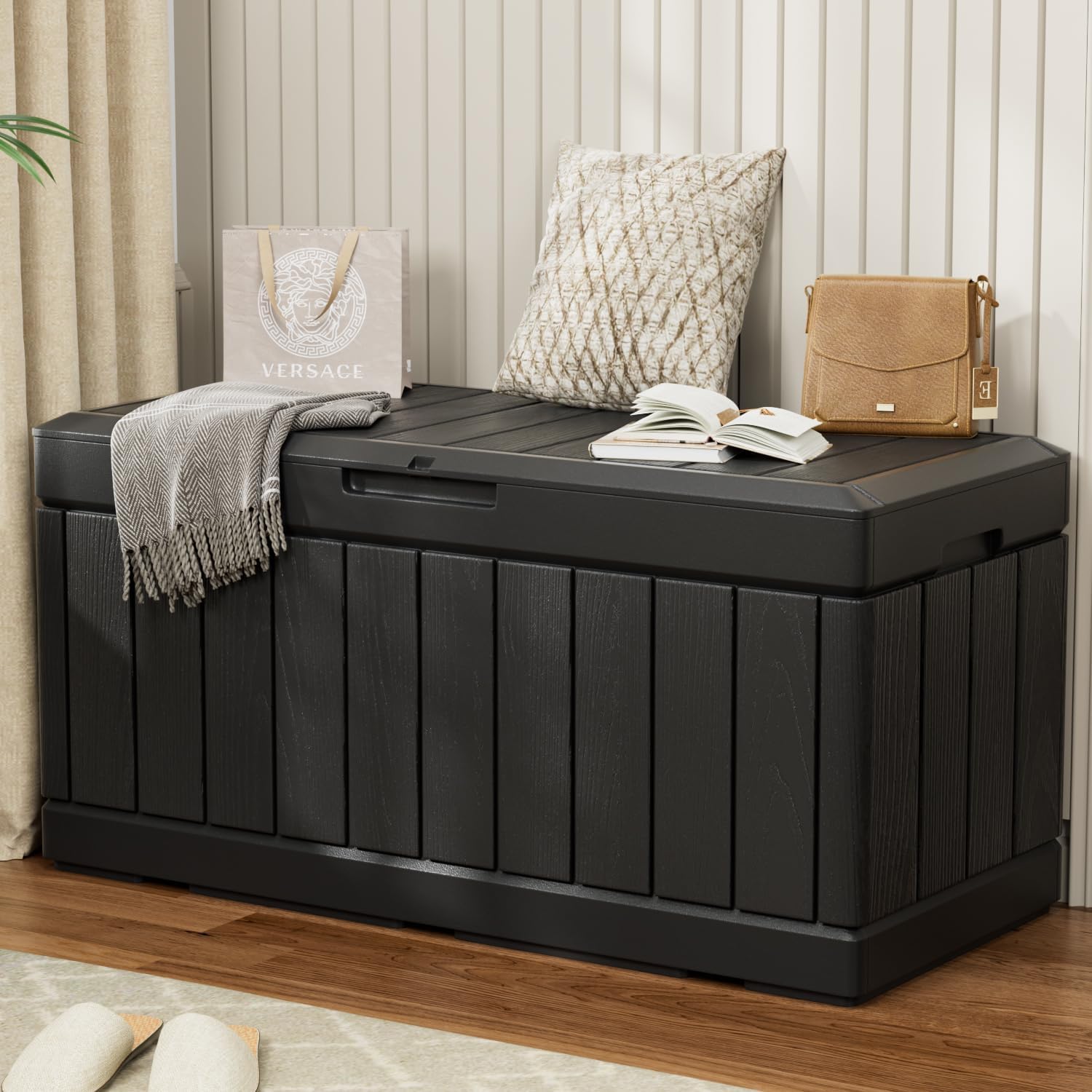 YESHOMY Baúl de almacenamiento, banco de zapatos de resina para entrada con soporte hidráulico, tapa abatible, soporte lateral, soporta 450 libras,