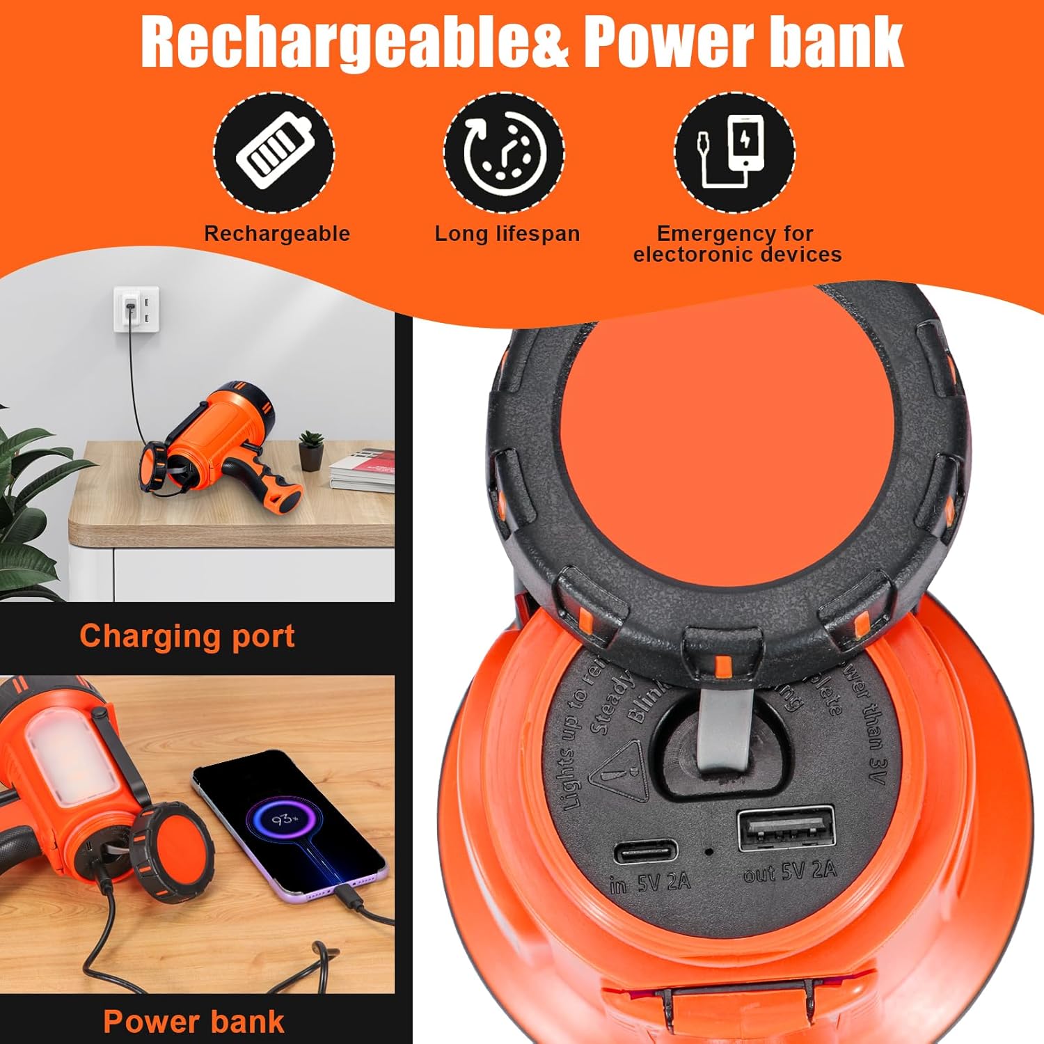 WEILAI Proyector recargable súper brillante de mano, linterna LED recargable de mano, reflector táctico con salida USB, 6 modos de luz, luz de