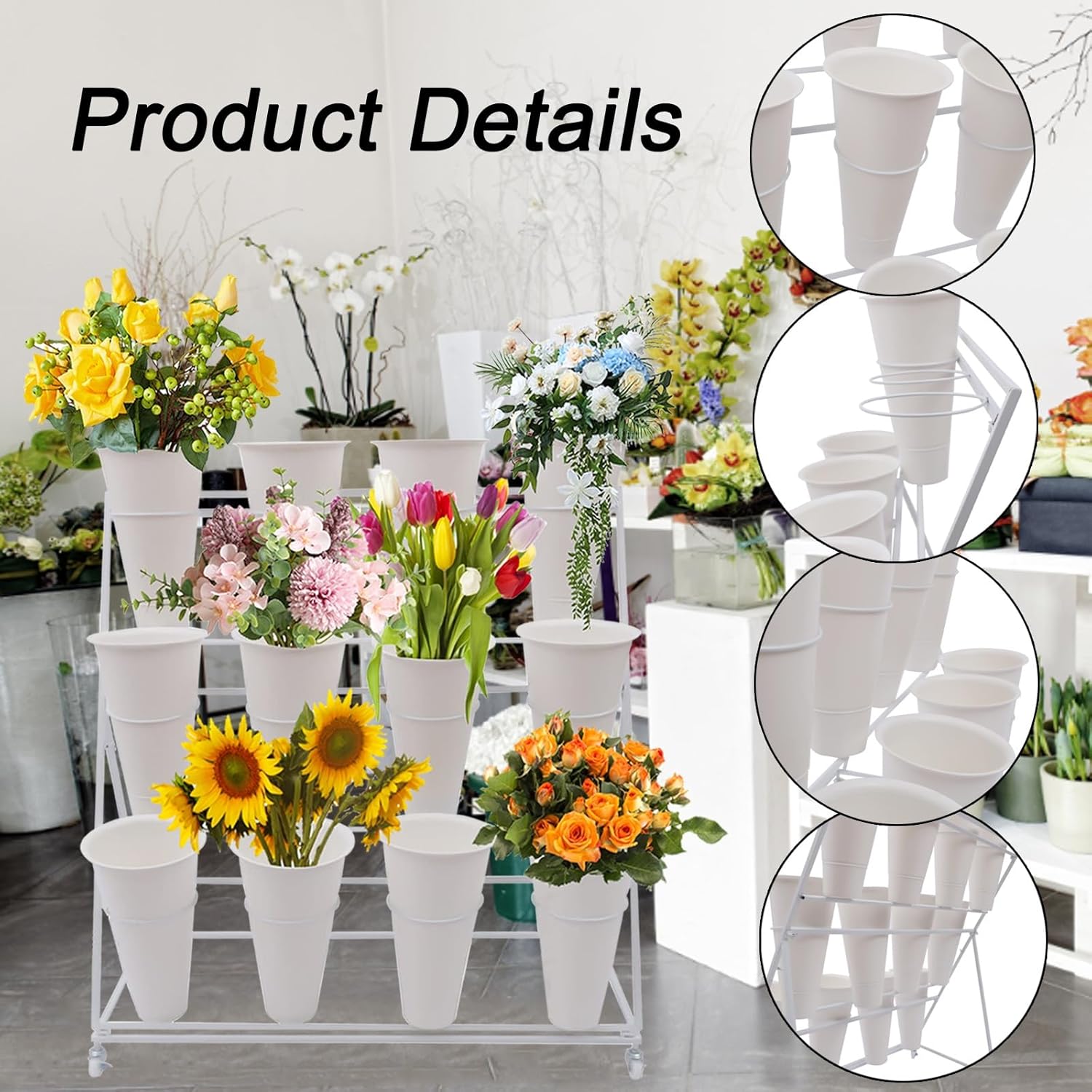 Soporte de exhibición de flores con ruedas, soporte para plantas de hierro para interiores y exteriores, 3 capas de 12 barriles, soporte de