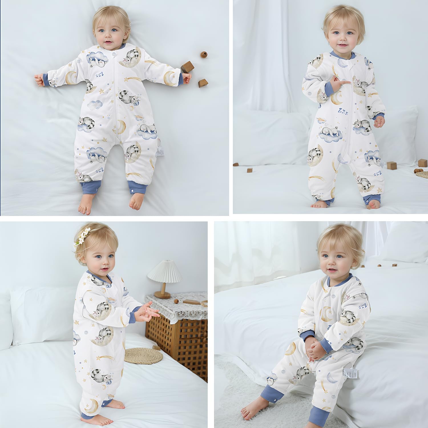 Saco de dormir para bebé con piernas, manta 100% algodón con pies, saco de dormir desmontable de manga larga con cremallera de 2 vías y botones,