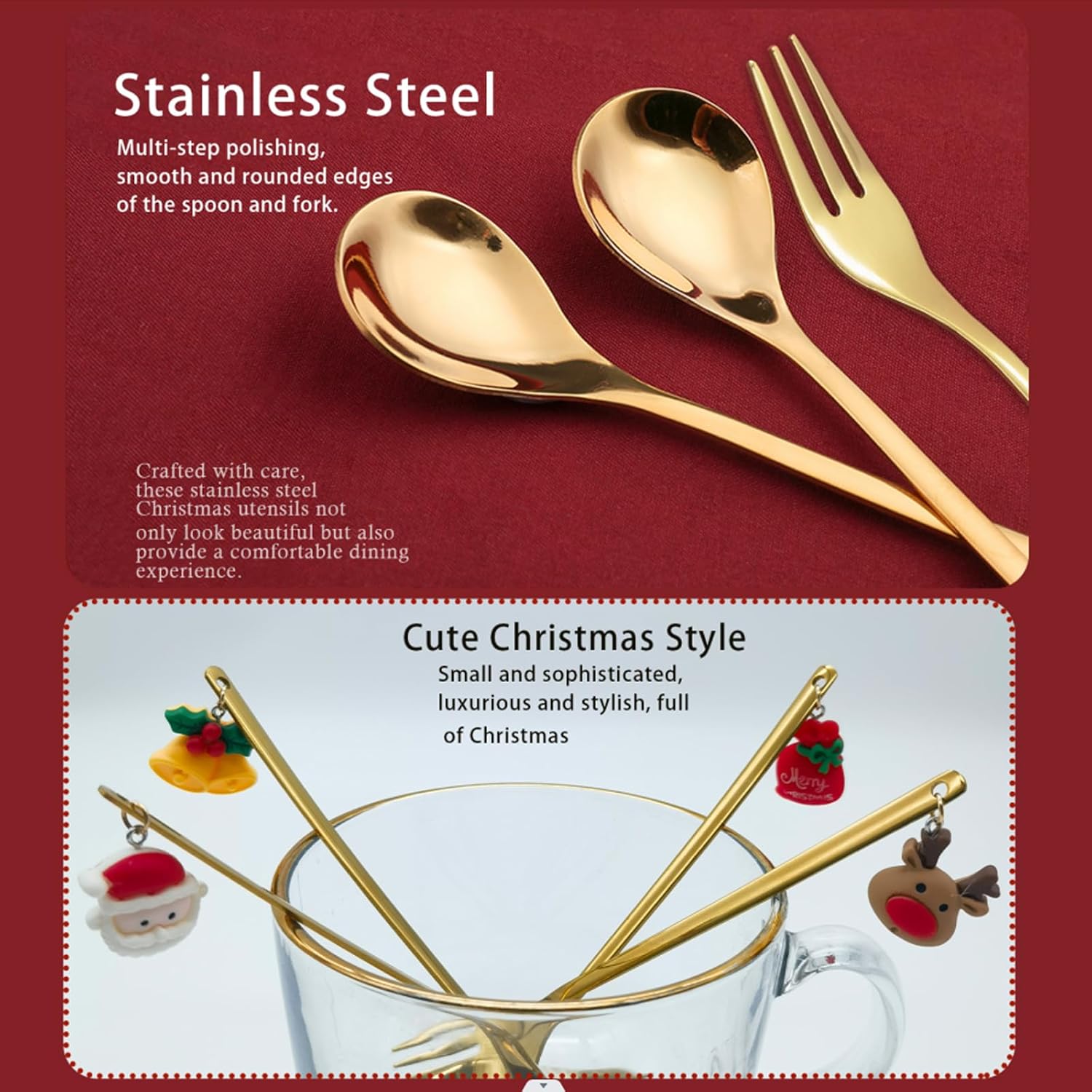 Rxuiael Juego de cuchara de café de Navidad de acero inoxidable y tenedores de cena de Navidad, cuchara de postre, cuchara para revolver, cuchara de
