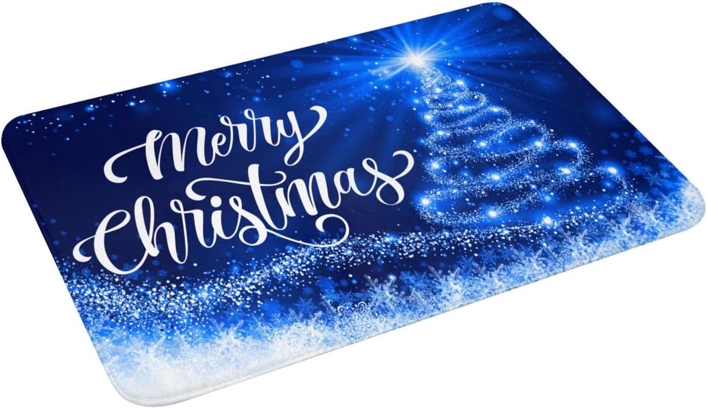 DADABULIU Tapete de baño con texto en inglés “Merry Christmas”, tapete de ducha de árbol de nieve azul, tapete de espuma viscoelástica,