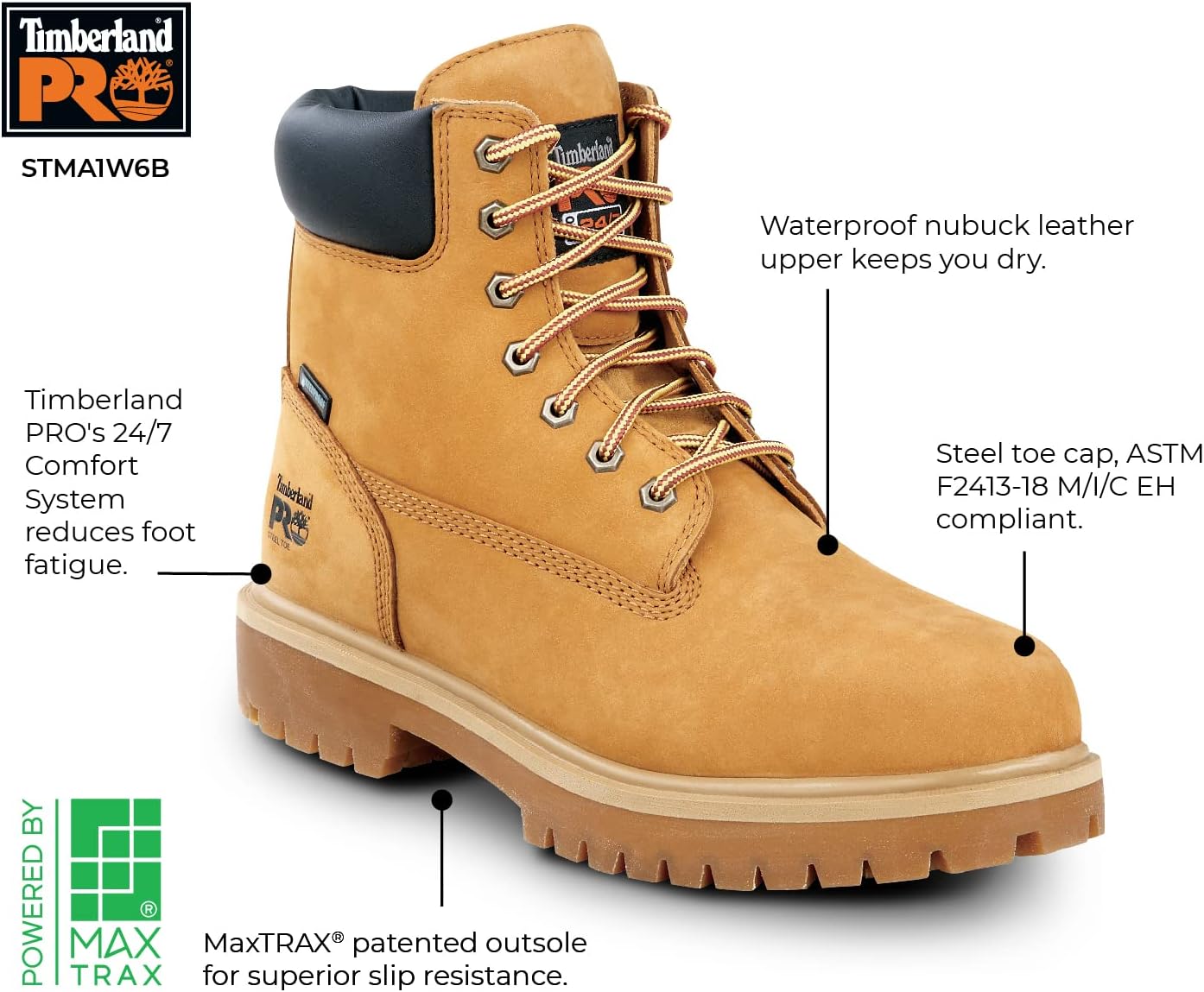 Timberland PRO 6IN Direct Attach MaxTRAX – Botas de trabajo antideslizantes con punta de acero para hombre