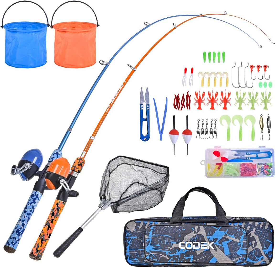 CODEK Kids Fishing Pole Set with Full Starter Kits 2 Set Portable Telescopic Fishing Rod and Spincast Reel Cambos with a Fishing Net and 2 Buckets