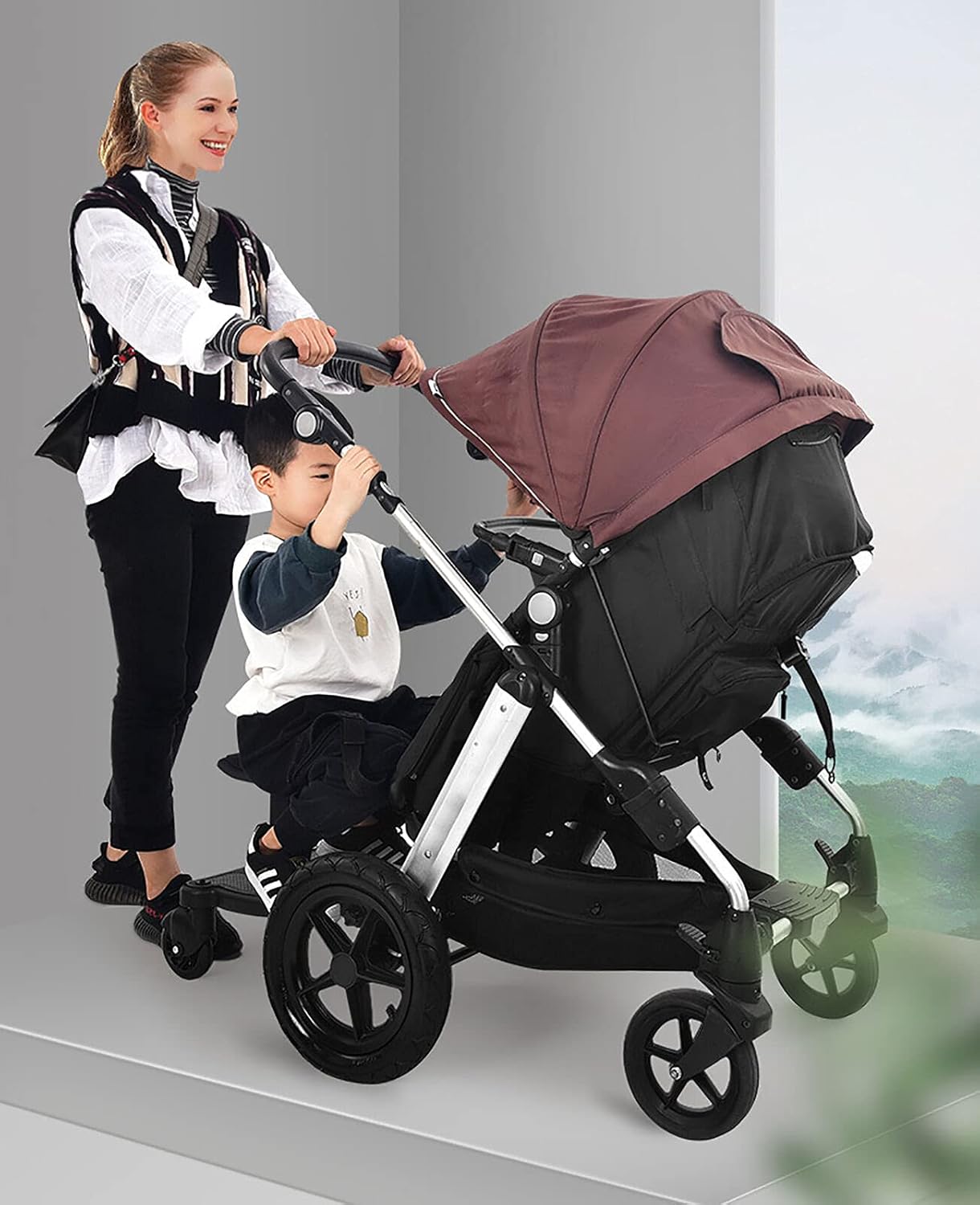 LOHISHILO 2-in-1 Stroller Board Universal Step Buggy Child Board Safety Kid Wheele, Pushchair Glider Board with Universal Wheel for Children Aged 2