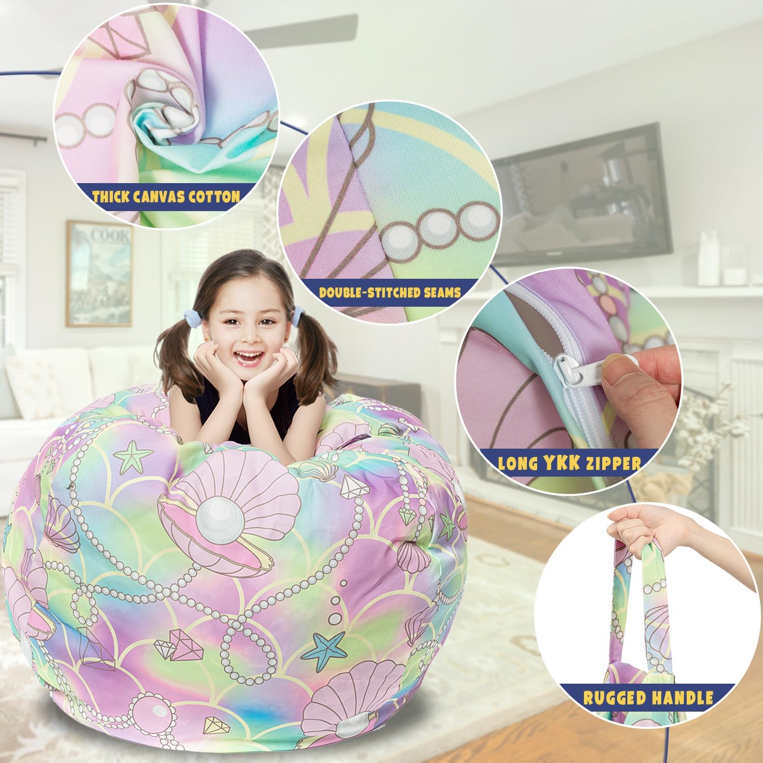 Funda para puf de almacenamiento de animales de peluche, para niños, mantas, toallas, puf (solo funda), sofá de lona con cremallera YKK, extra
