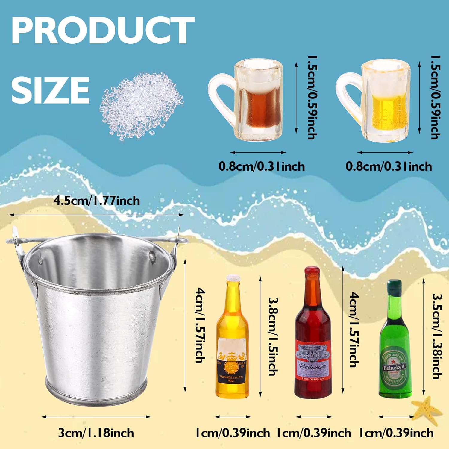 Juego de botellas de cerveza en miniatura de casa de muñecas 112 con cubo en miniatura, cubos de hielo falsos, mini tazas de cerveza para juego de