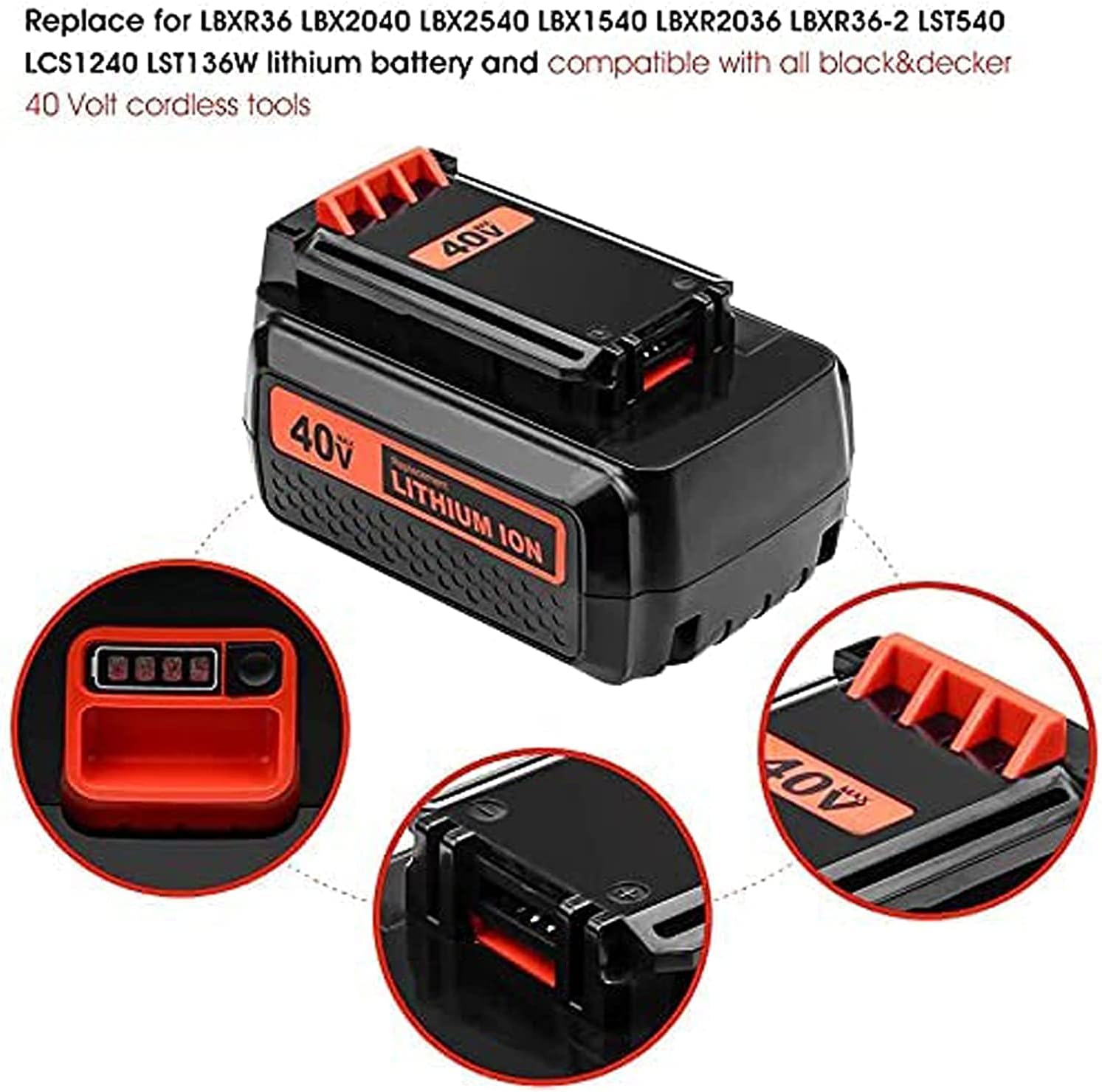 Batería de repuesto de 40 V 3.0 Ah para Black and Decker batería de litio LBX2040 LBXR36 LBXR2036 LST540 LCS1240 LBX1540 LST136W compatible con