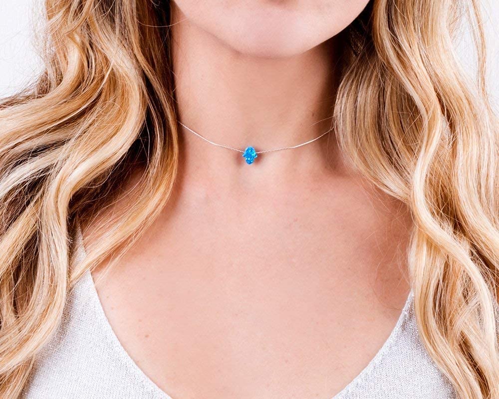 Blue Opal Hamsa on a Sterling Silver Choker Necklace- Handmade Protection Hand Charm Collar – 13.5 + 3 inch extending (royal blue, sterling-silver)