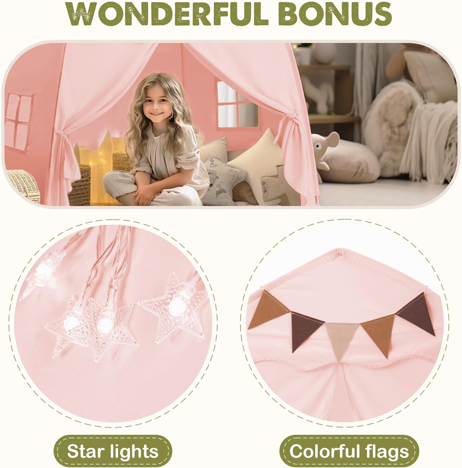 Tienda de campaña extragrande para niños con banderas y luces de estrella, tipi portátil y plegable, toldo de cama para niños y niñas, tienda de