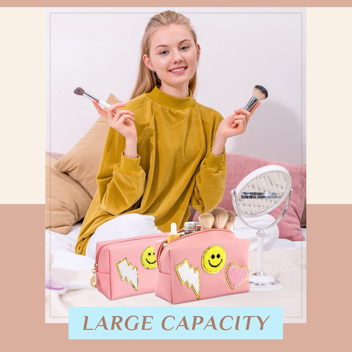 Silkfly 15 piezas de parche Preppy bolsa de maquillaje de letras de chenilla bolsa de cosméticos bolsa de aseo sonrisa rayo corazón PU pequeño