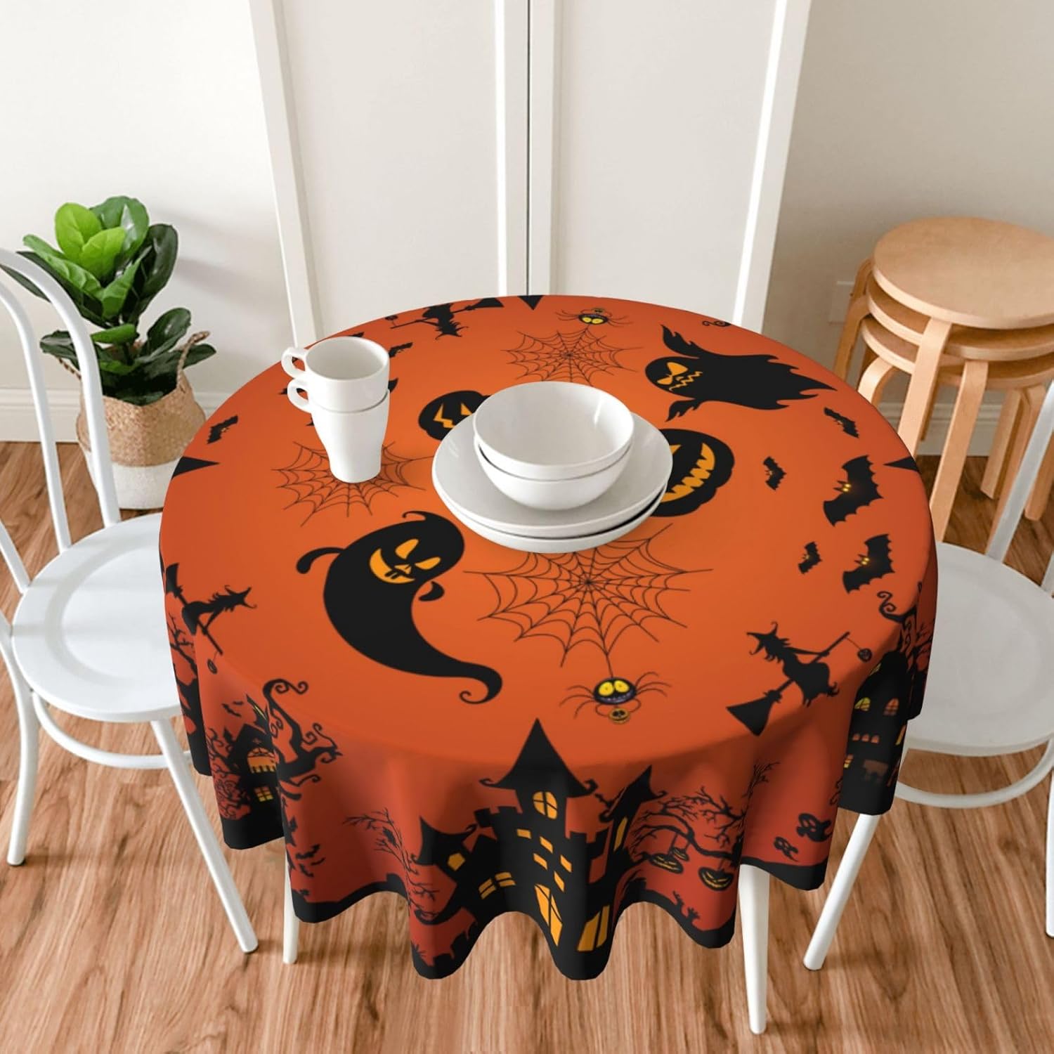 Gianlaima Mantel redondo de tela de araña de Halloween, diseño de calabaza, murciélago, bruja, impermeable, lavable, para el hogar, restaurante,