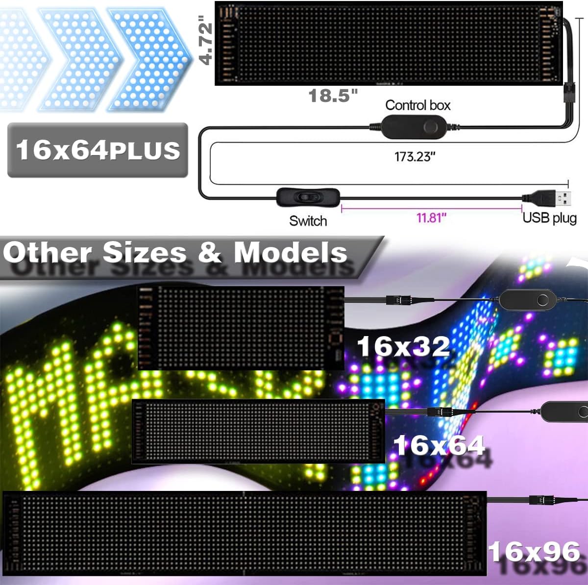 Letreros LED para coche RGBW, panel flexible de desplazamiento de animación con patrón de texto personalizado, pantalla de control de aplicación USB