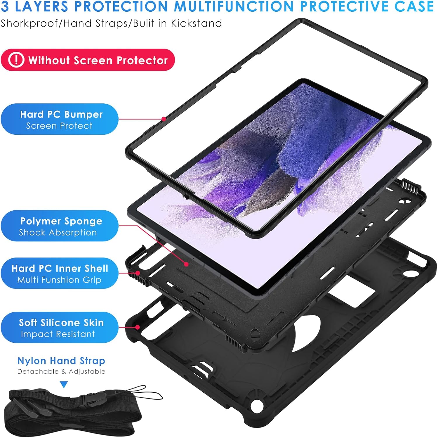 DETUOSI Funda para tablet Samsung Galaxy Tab S7 FE 5G, S8 Plus, S7 Plus, 12.4 pulgadas, funda protectora resistente para niños con soporte plegable