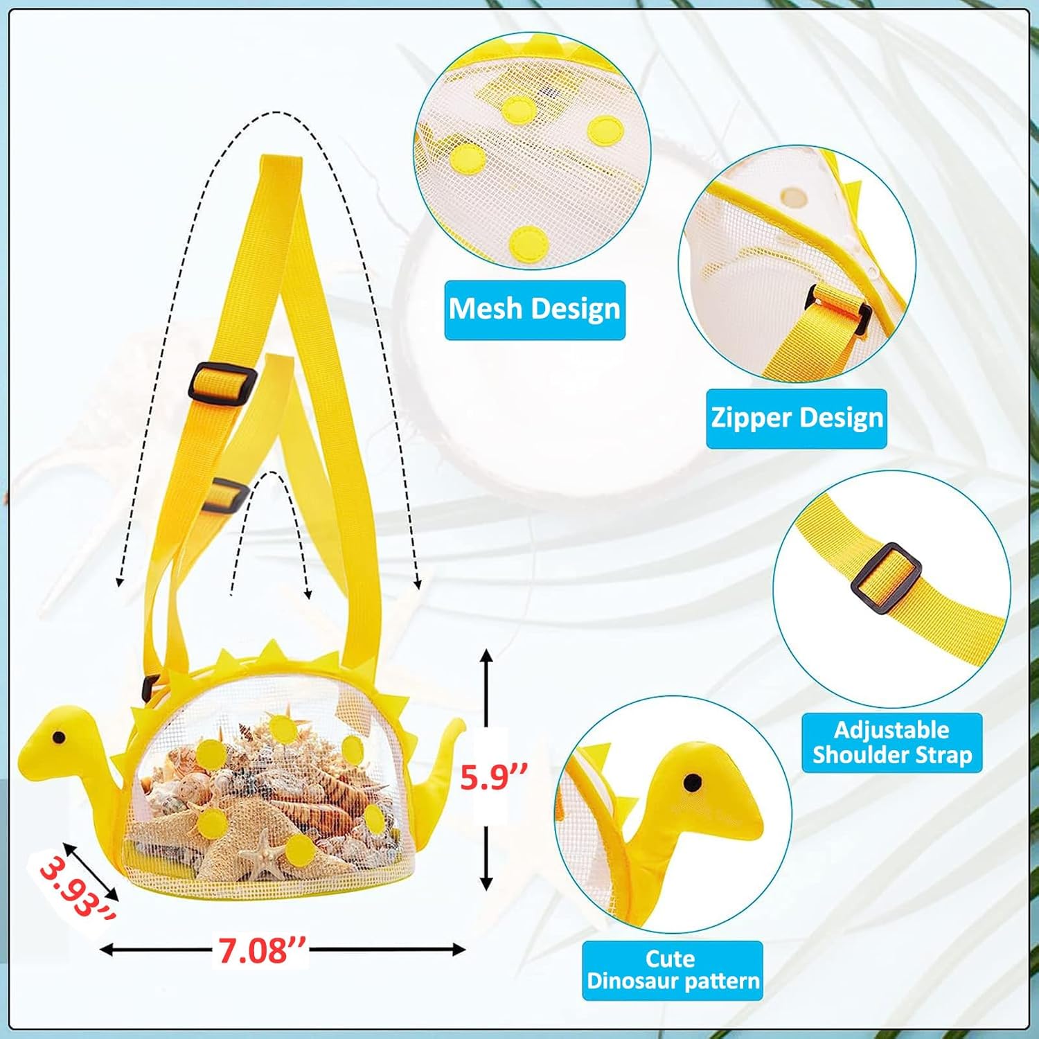 Bolsa de playa de malla para juguetes de playa, bolsa de recolección de conchas para niños, bolsa de juguetes de playa de dinosaurio para sostener