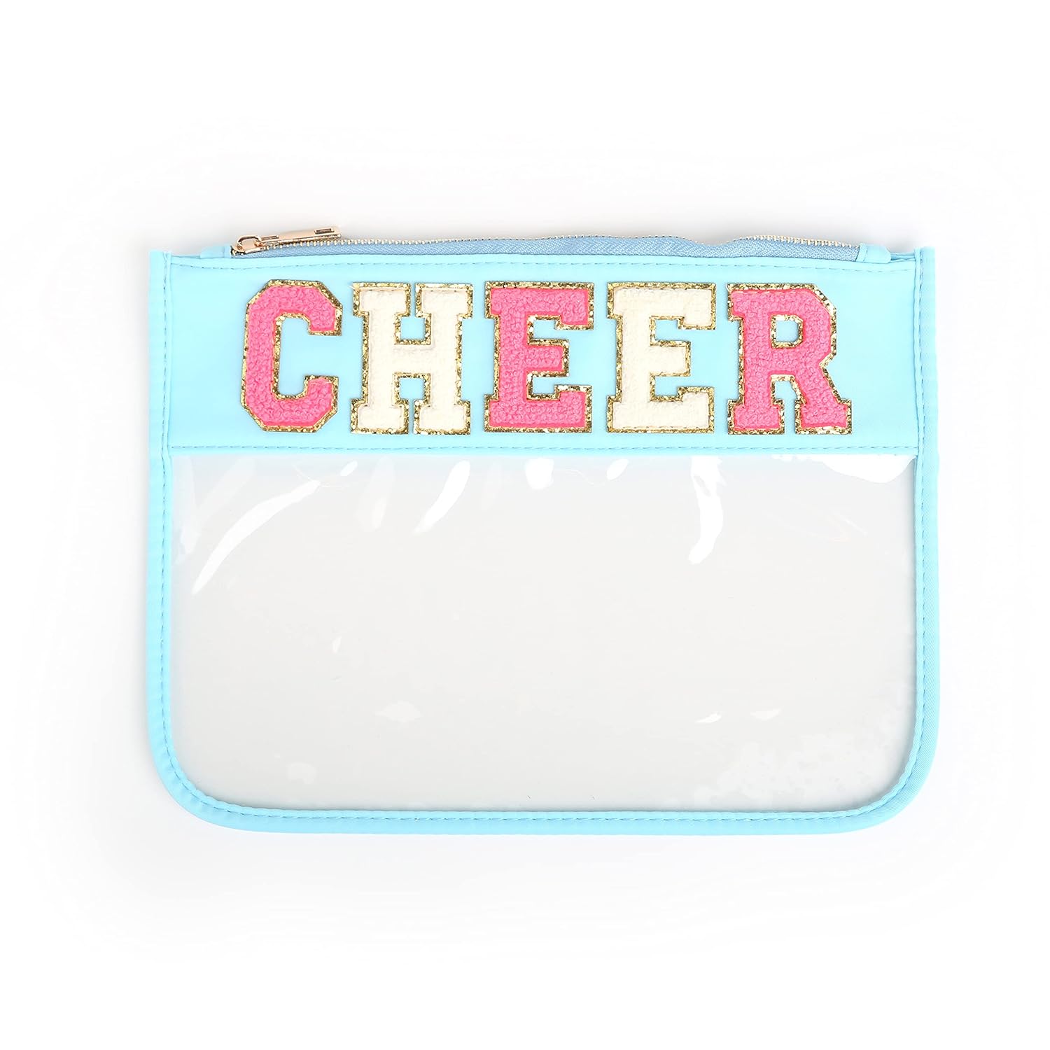 Varsity Letter Pouch Clear Zippered Bag with Chenille and Gold Patches CHEER