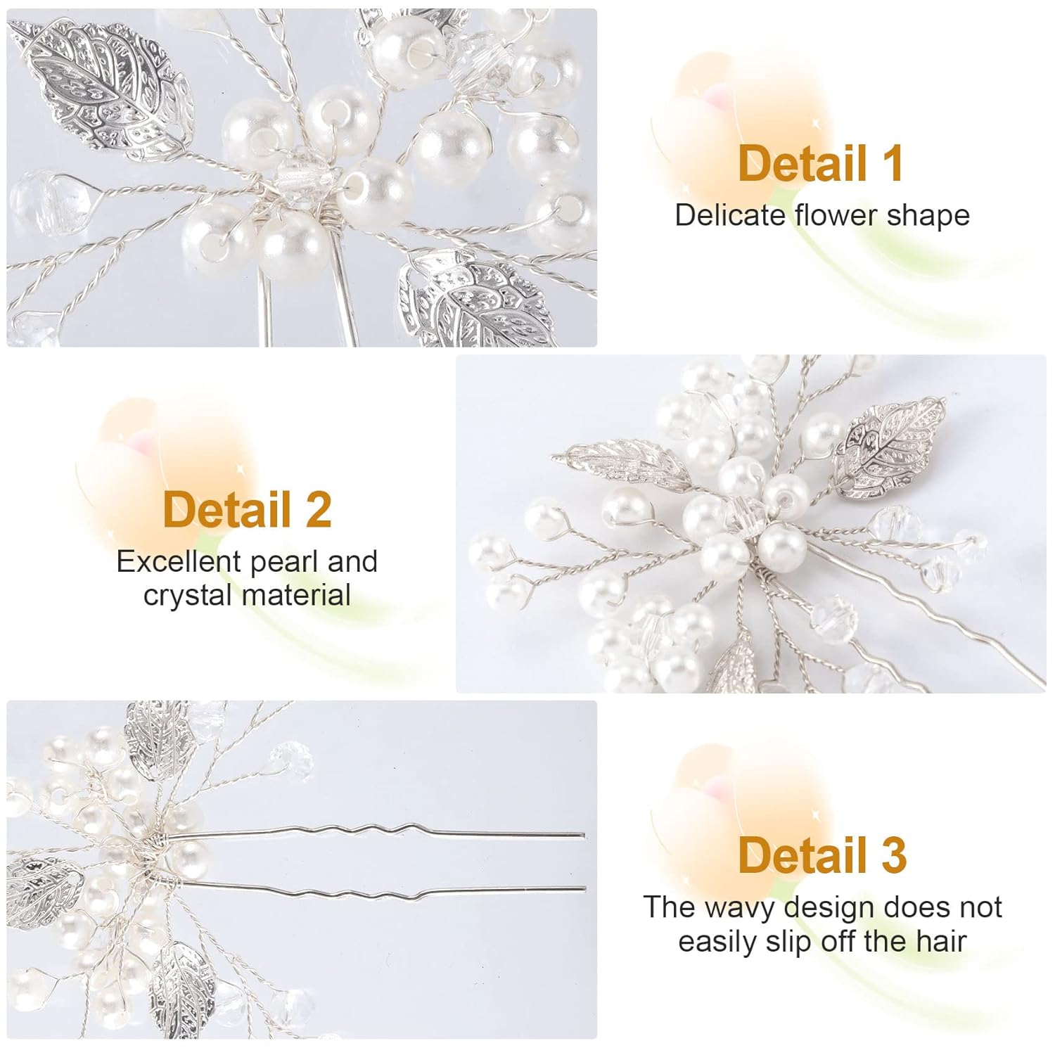 ANCIRS Paquete de 3 alfileres de peinado de boda con perlas, estilo vintage con hojas de novia, accesorios para el cabello de flores con diamantes