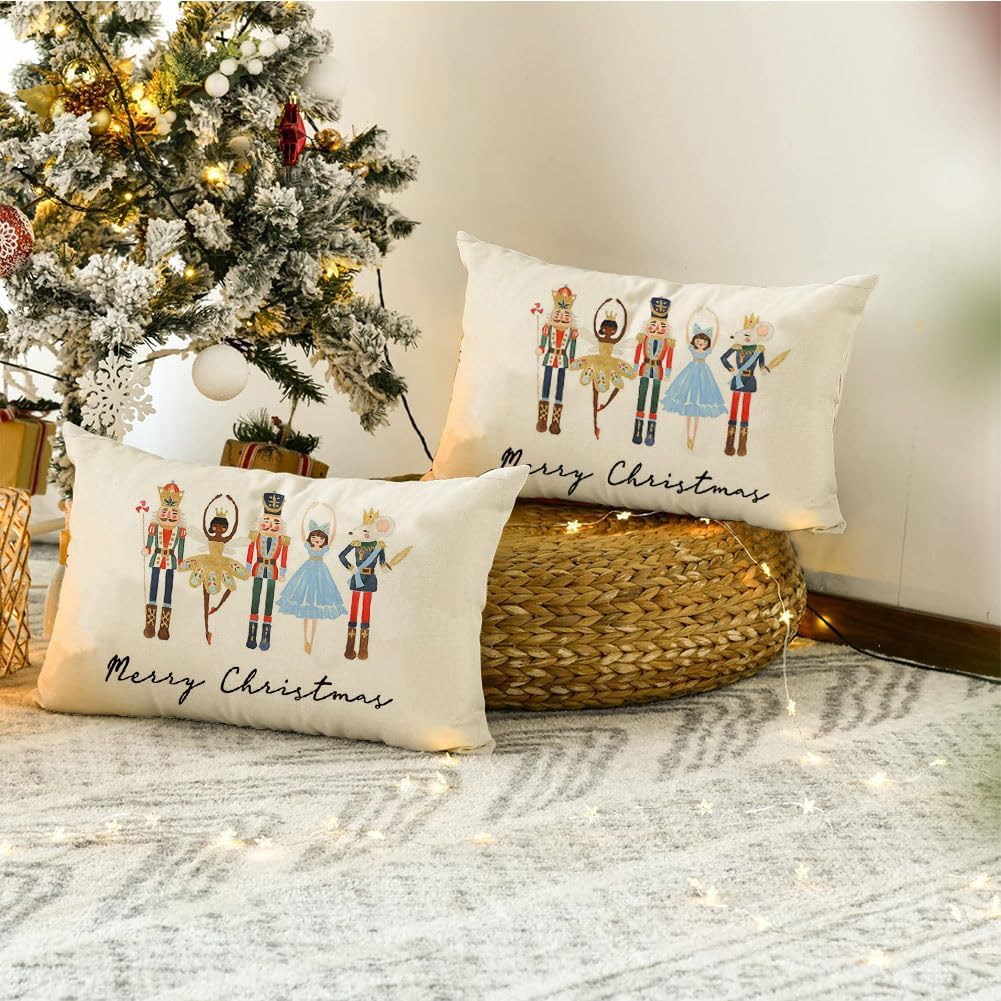 RABUSOFA Almohadas decorativas de Navidad de 12 x 20 pulgadas, fundas de almohada de cascanueces de Navidad, fundas de almohada decorativas para