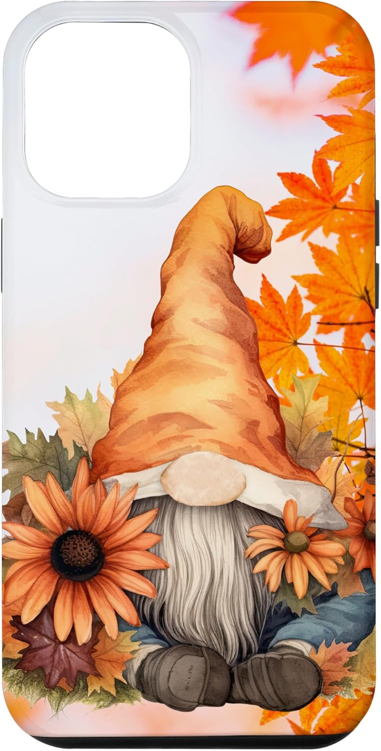 Funda para iPhone 13 Pro Max con diseño de gnomo de Acción de Gracias, calabaza, otoño, hojas