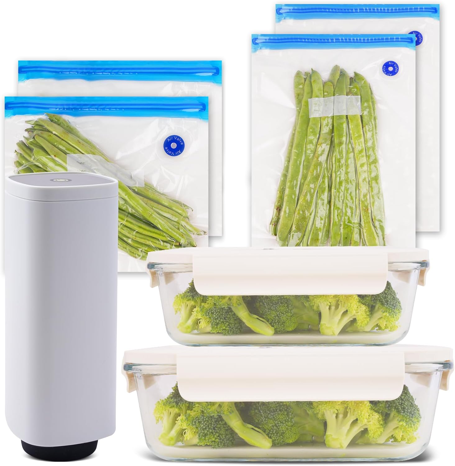 SonicoFraîche Juego de iniciación de máquina selladora al vacío con sellador de batería eléctrico automático, recipientes de alimentos de vidrio al