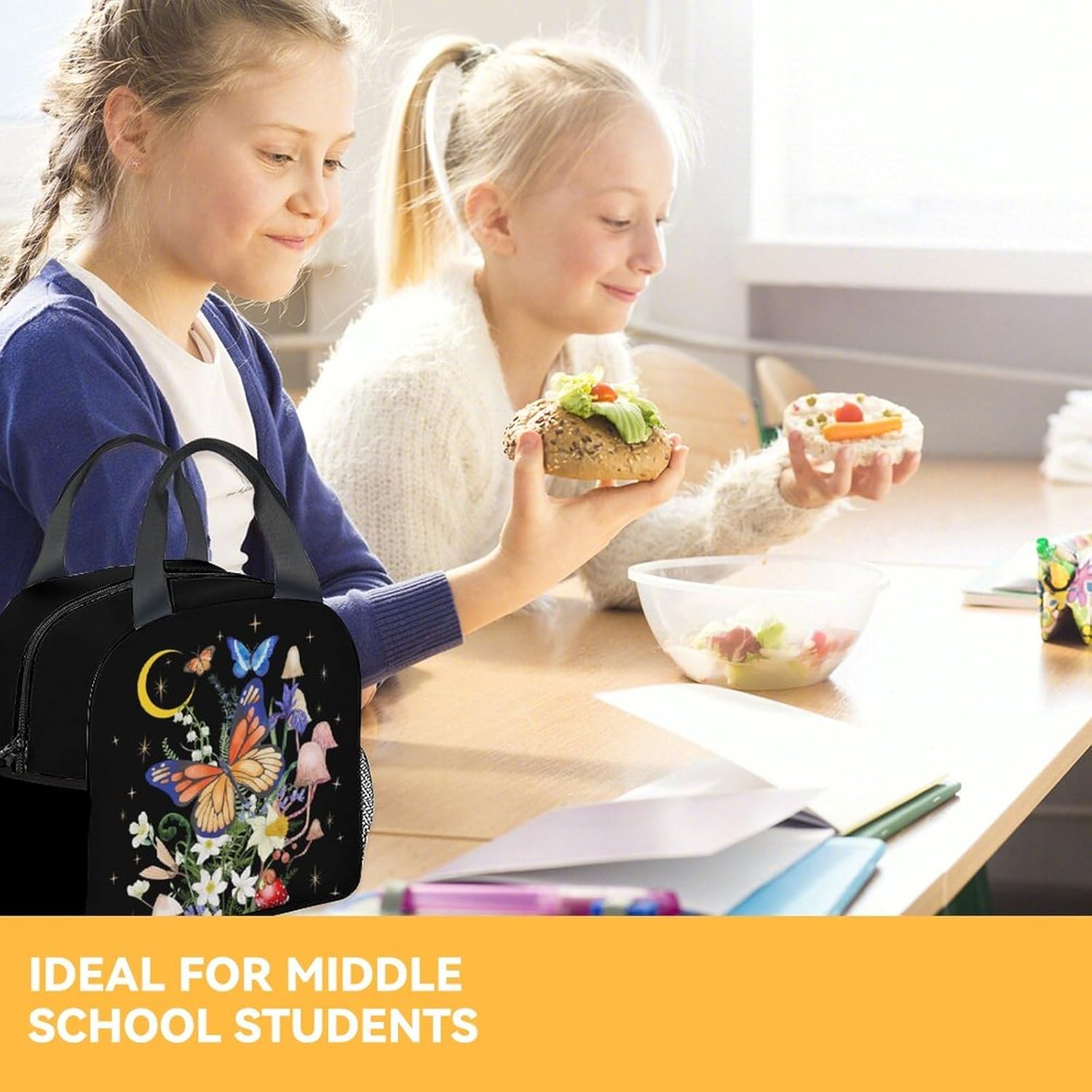 Lonchera de mariposa para niñas y mujeres, bolsas de almuerzo reutilizables aisladas con asa – Pequeña lonchera negra linda para niños – Ideal para