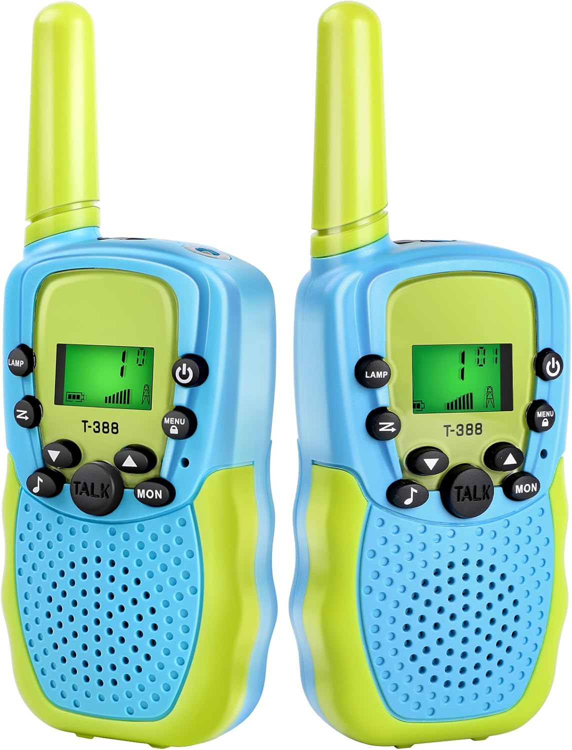 GINMIC Walkie Talkie para niños, juguetes para niños de 3 a 12 años con linterna LCD retroiluminada, paquete de 2 walkie talkies de largo alcance 22