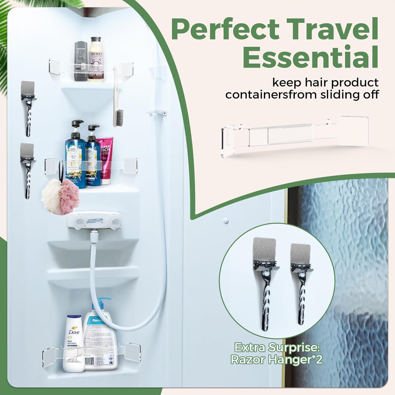 ENONCI Accesorios para autocaravana para interior transparente, imprescindibles para cámper, barra de almacenamiento de esquina de ducha con 2