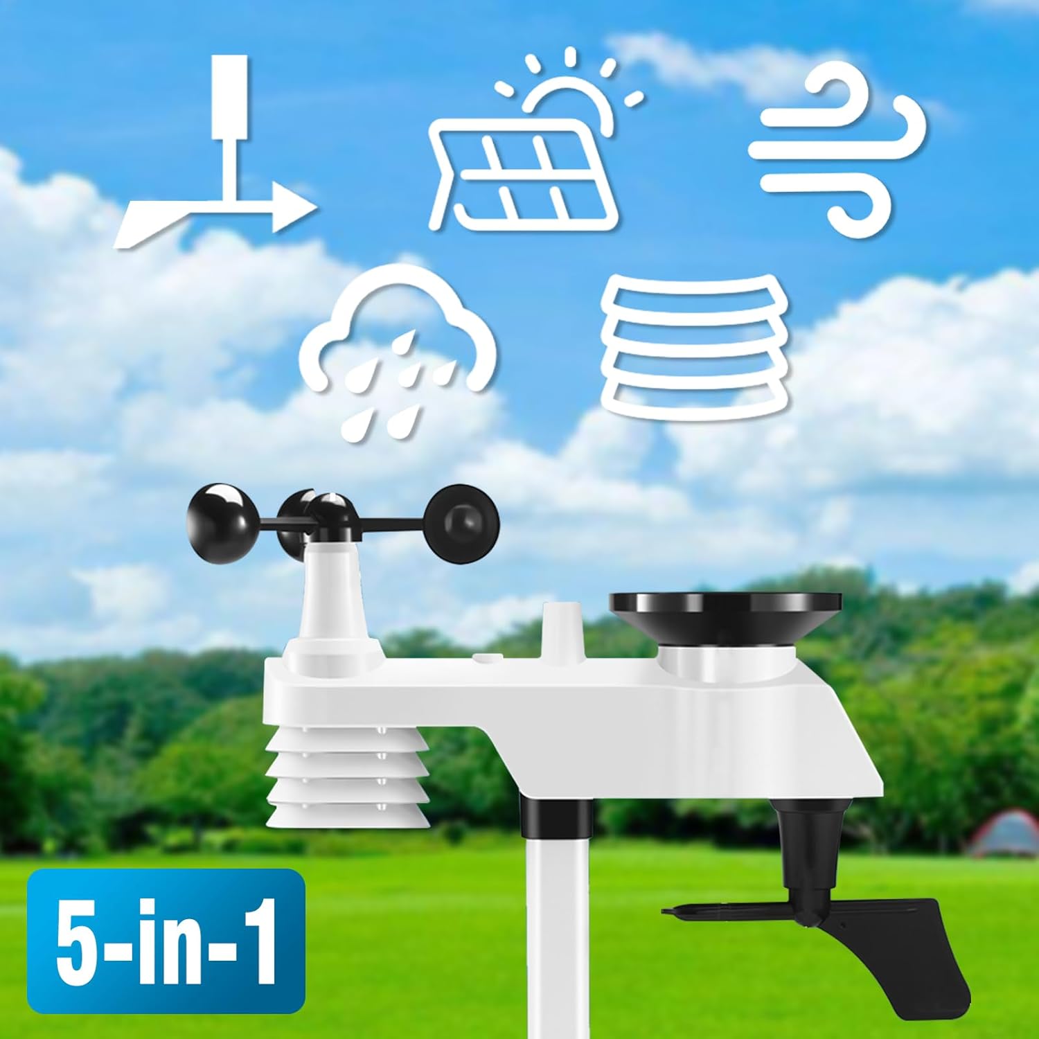 Estación meteorológica inalámbrica para interiores y exteriores con sensor 5 en 1 y pantalla LCD, estación meteorológica con medidor de lluvia y