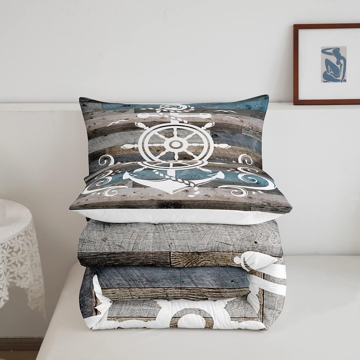 Erosebridal Juego de edredón de ancla náutica, juego de ropa de cama con brújula oceánica, tamaño individual para niños, adolescentes y adultos,