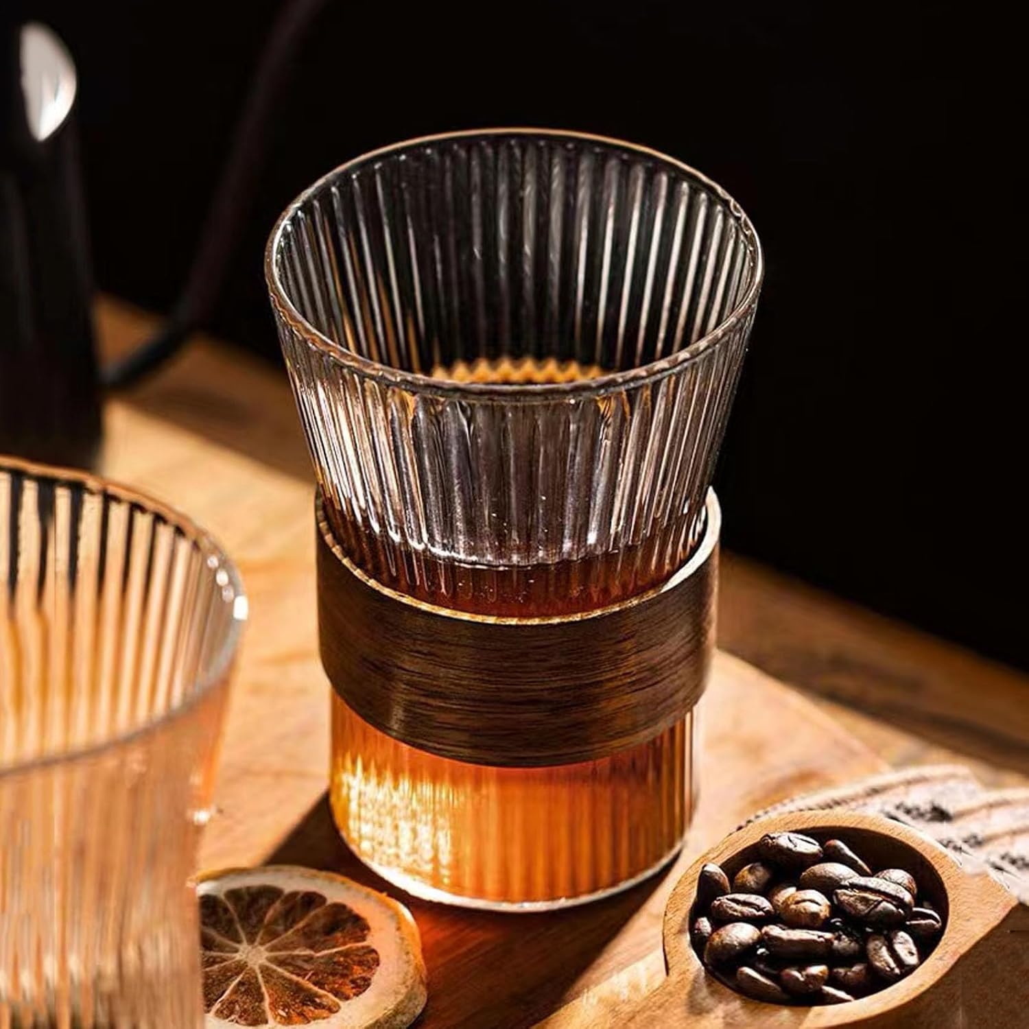 Taza de café de vidrio de 11 oz con anillo antideslizante de madera, apto para moca de boca ancha, café con leche, capuchino hielo caliente (4