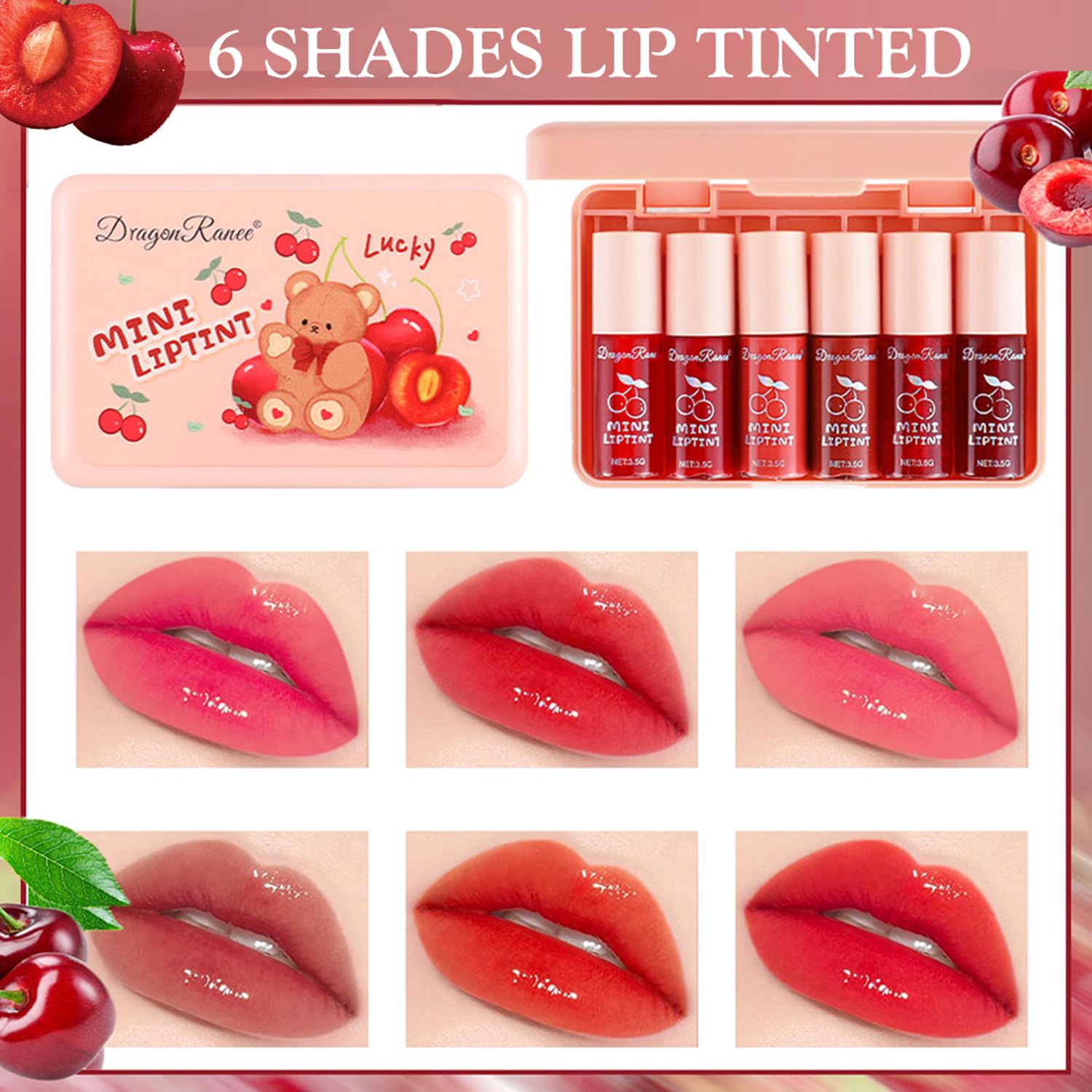 Juego de 6 colores de tinte de labios de cereza, brillo de labios coreano, mini lápiz labial líquido, tinte de labios y mejillas multiusos, taza