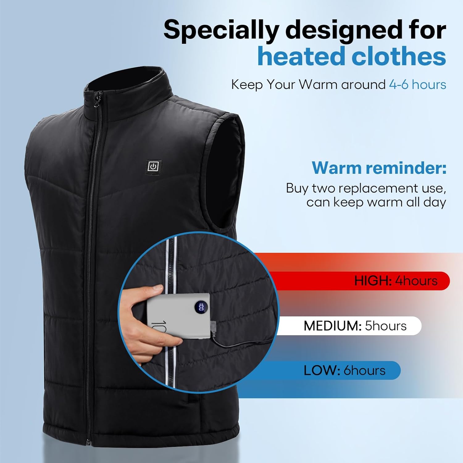 Banco de energía de 5 V 2 A para chaleco calentado, tamaño de paquete de 10000 mAh, batería de chaqueta calentada, cargador portátil con pantalla