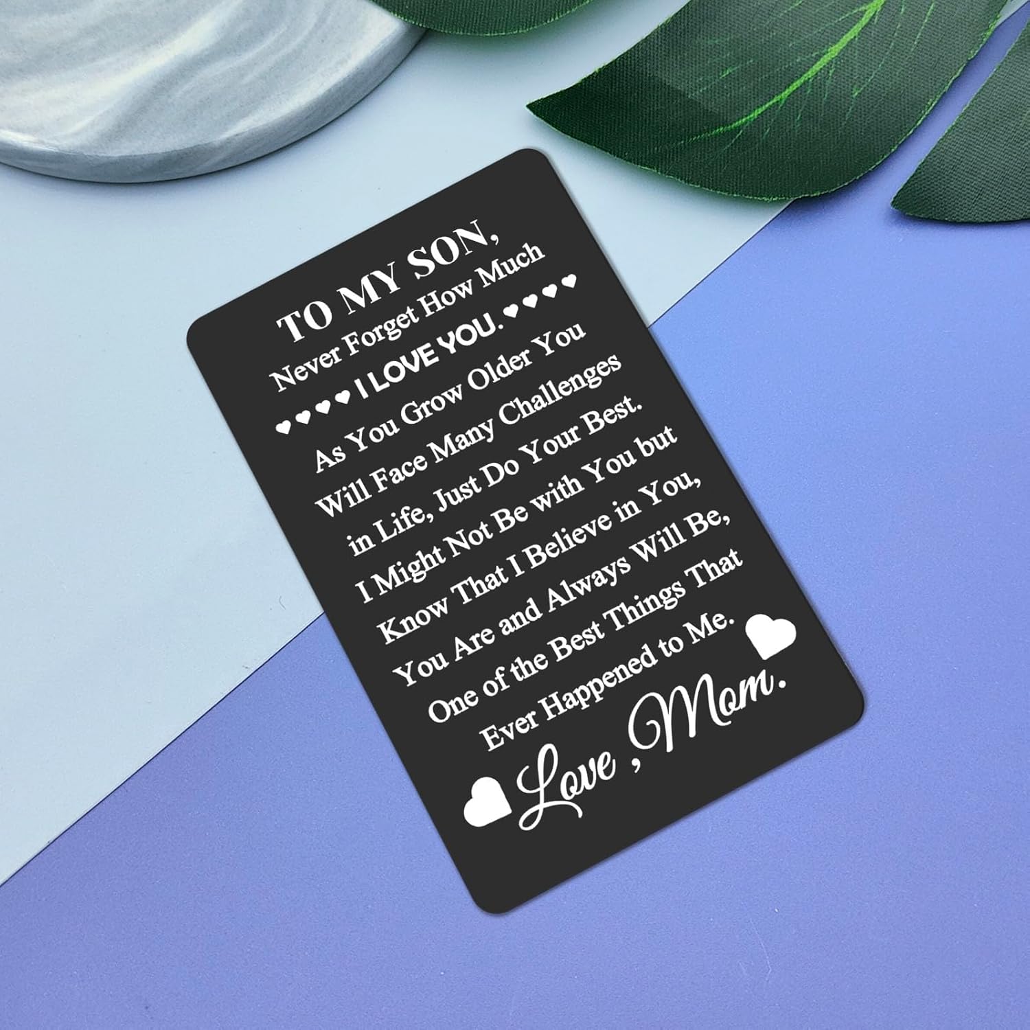 Regalos inspiradores de mamá papá con texto en inglés “To My Son” (“To My Son”), tarjeta grabada con cita inspiradora, tarjeta de metal con texto en