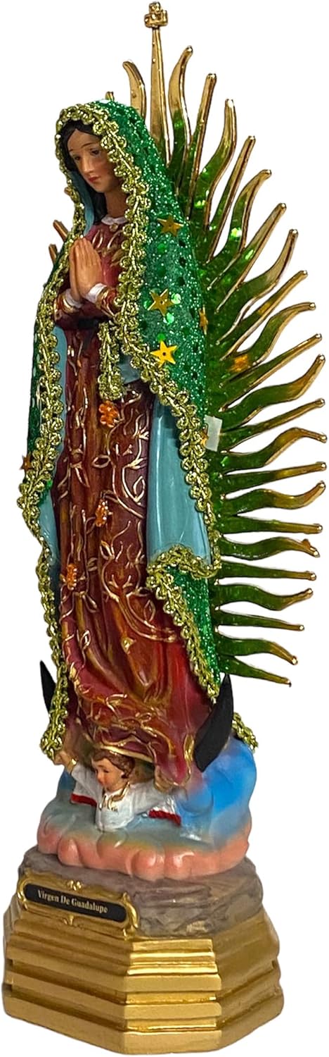 12 pulgadas Nuestra Señora de Guadalupe Rayos Dorados del Sol Estatua Virgen María Estatua Glitter Túnica Virgen Imagen Estatua Regalo Religioso