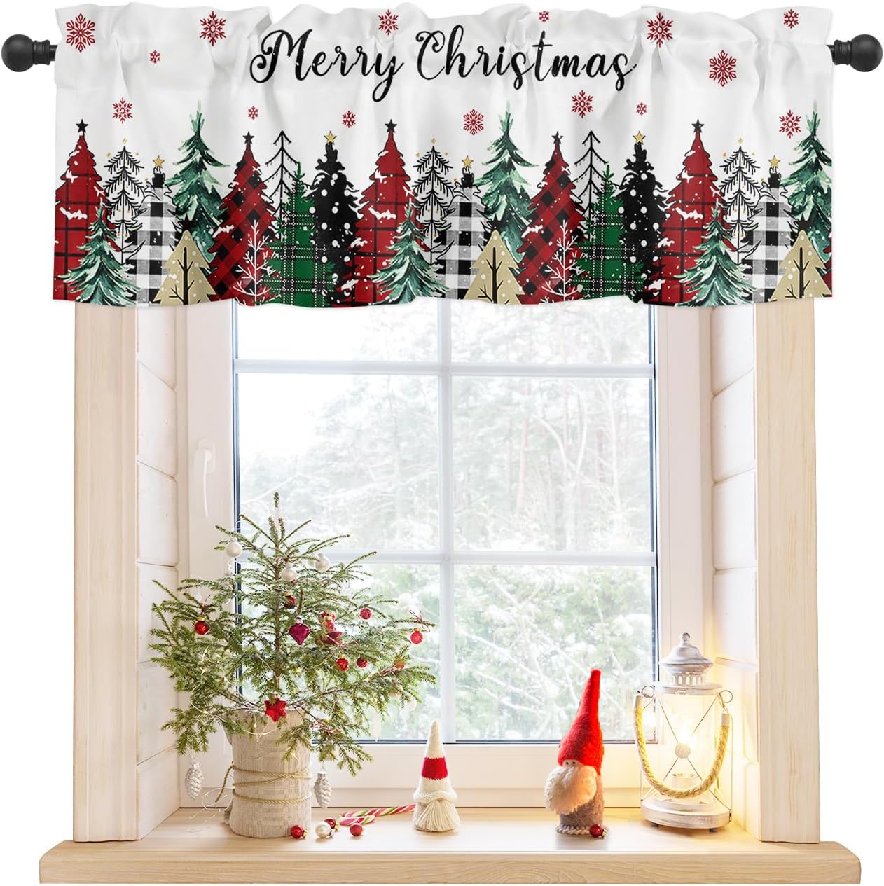 Cortinas de cenefas de Feliz Navidad para cocina, rojo, verde, negro, búfalo, árbol de Navidad, copos de nieve, cenefa de cocina blanca, cortinas